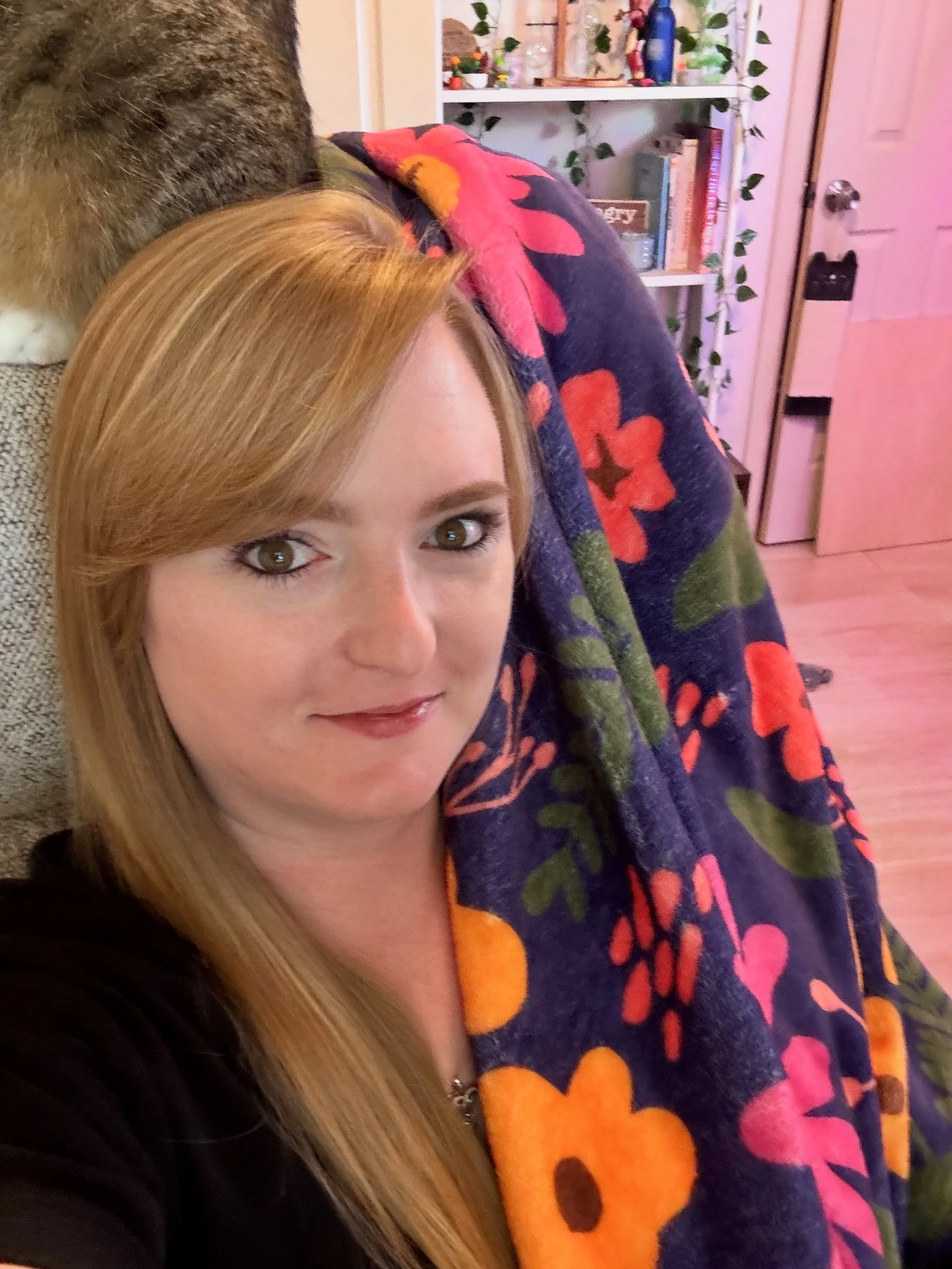 molly with new floral print blanket