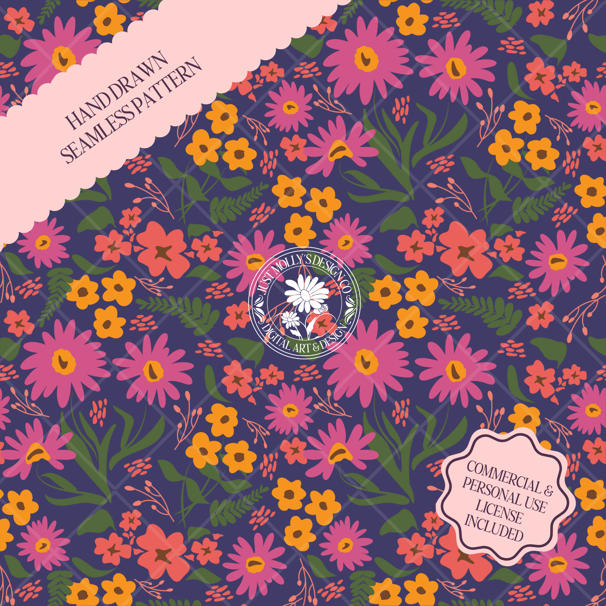 Dainty Coneflower Seamless Pattern | Navy Blue