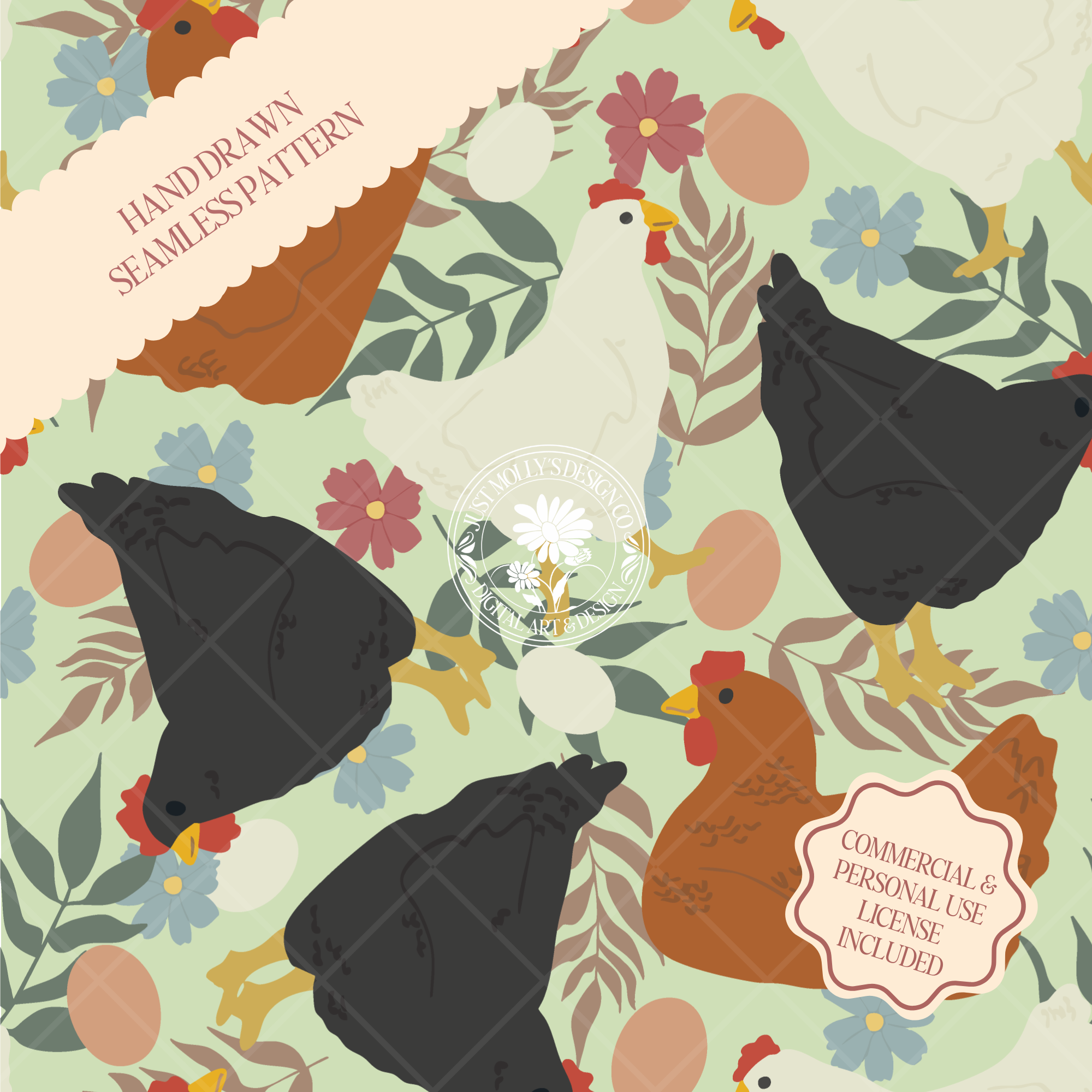 Happy Hens Seamless Pattern | Green