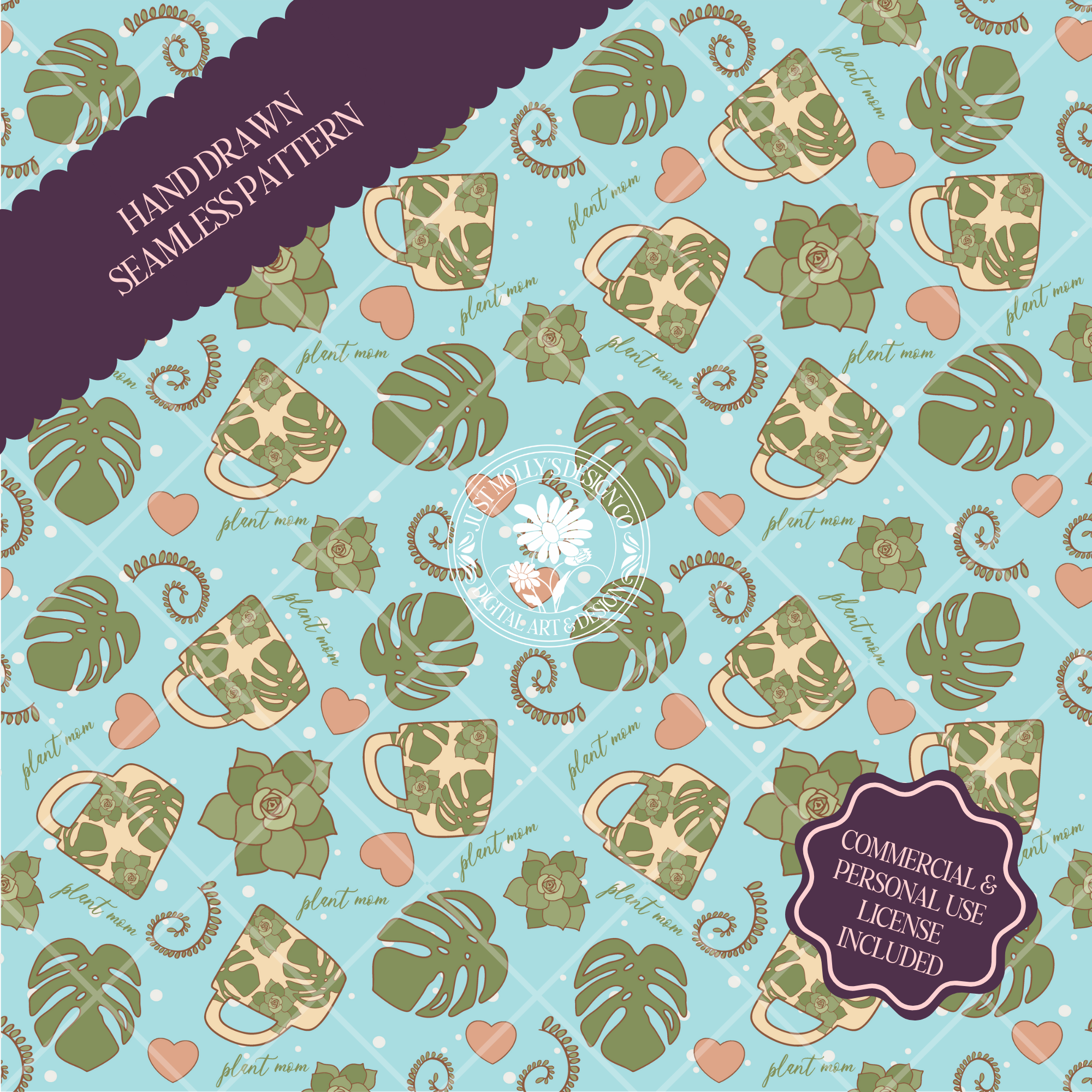 Plant Mom & Coffee Seamless Pattern | Blue