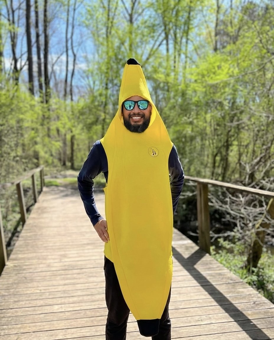 Person wearing a banana costume, sunglasses, and smiling, standing on a wooden bridge in a forested area.