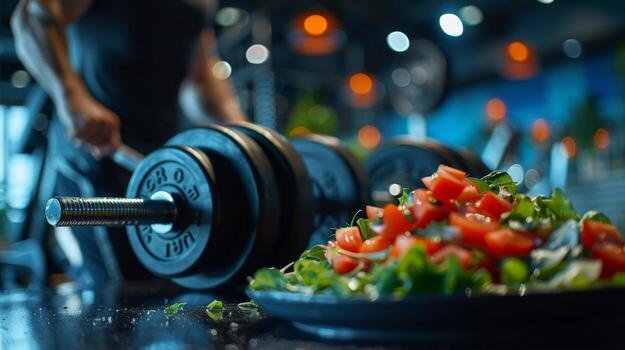 A close-up of a dumbbell on a gym bench with a plate of salad in front of it, in a gym setting with blurred background.