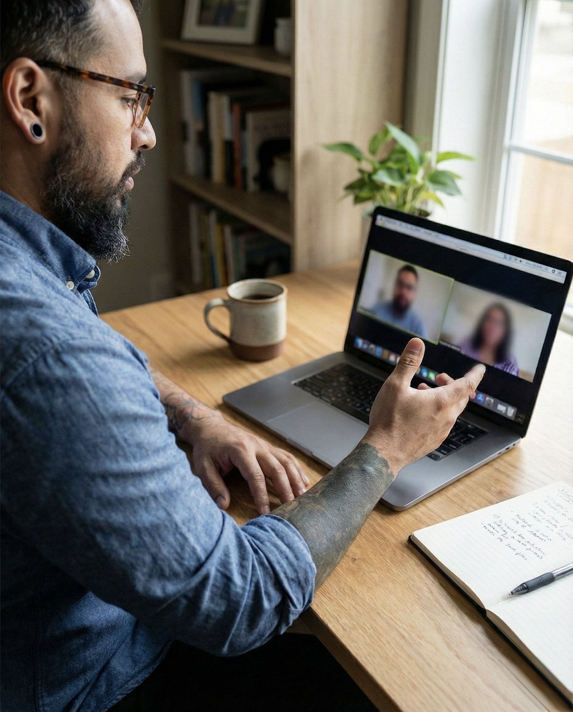 A man with glasses and tattoos on his arms is having a video call on his laptop. He is sitting at a wooden desk with a notebook, pen, a mug of coffee, and a green plant near a window.