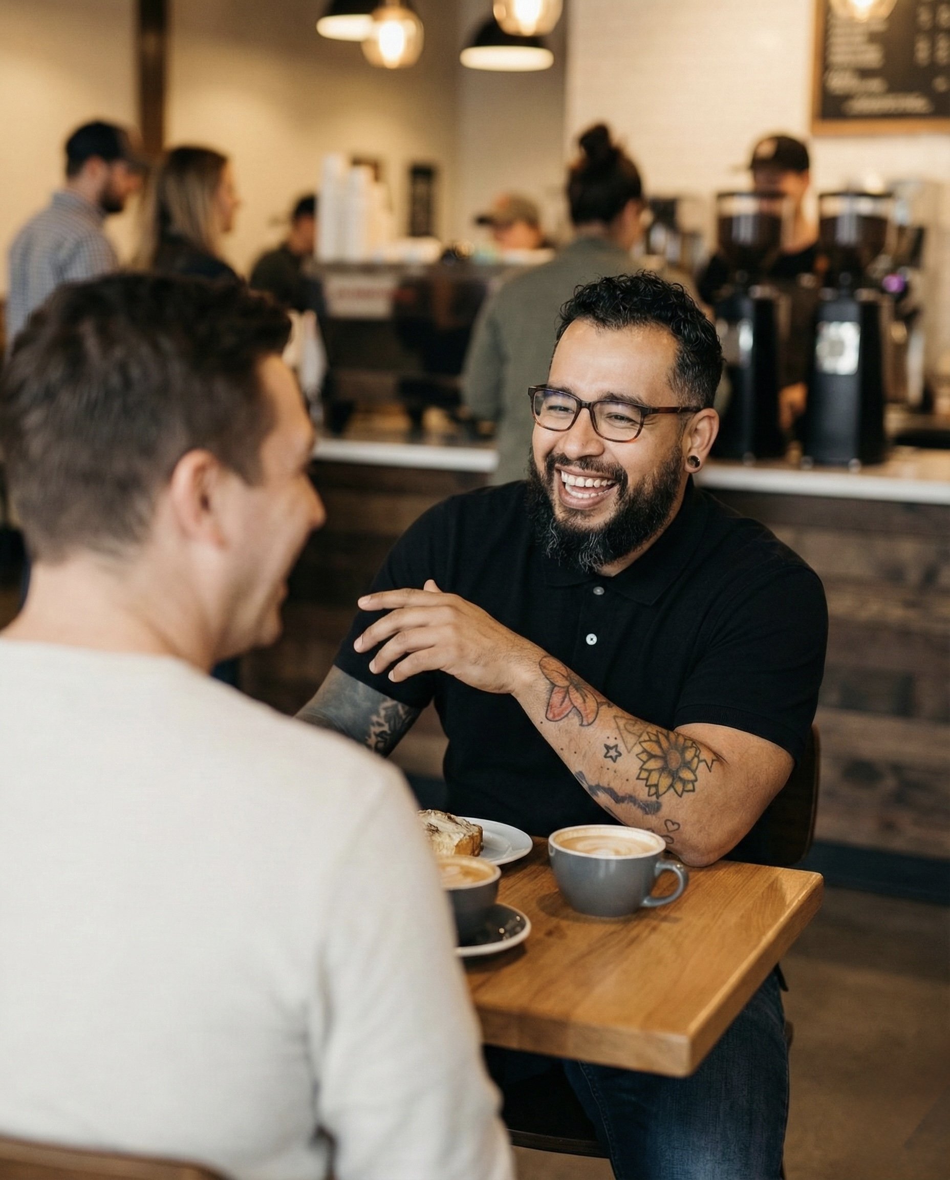 Two men smiling and talking at a coffee shop table with coffee cups and toast. The man facing the camera has glasses and tattoos on his arm.