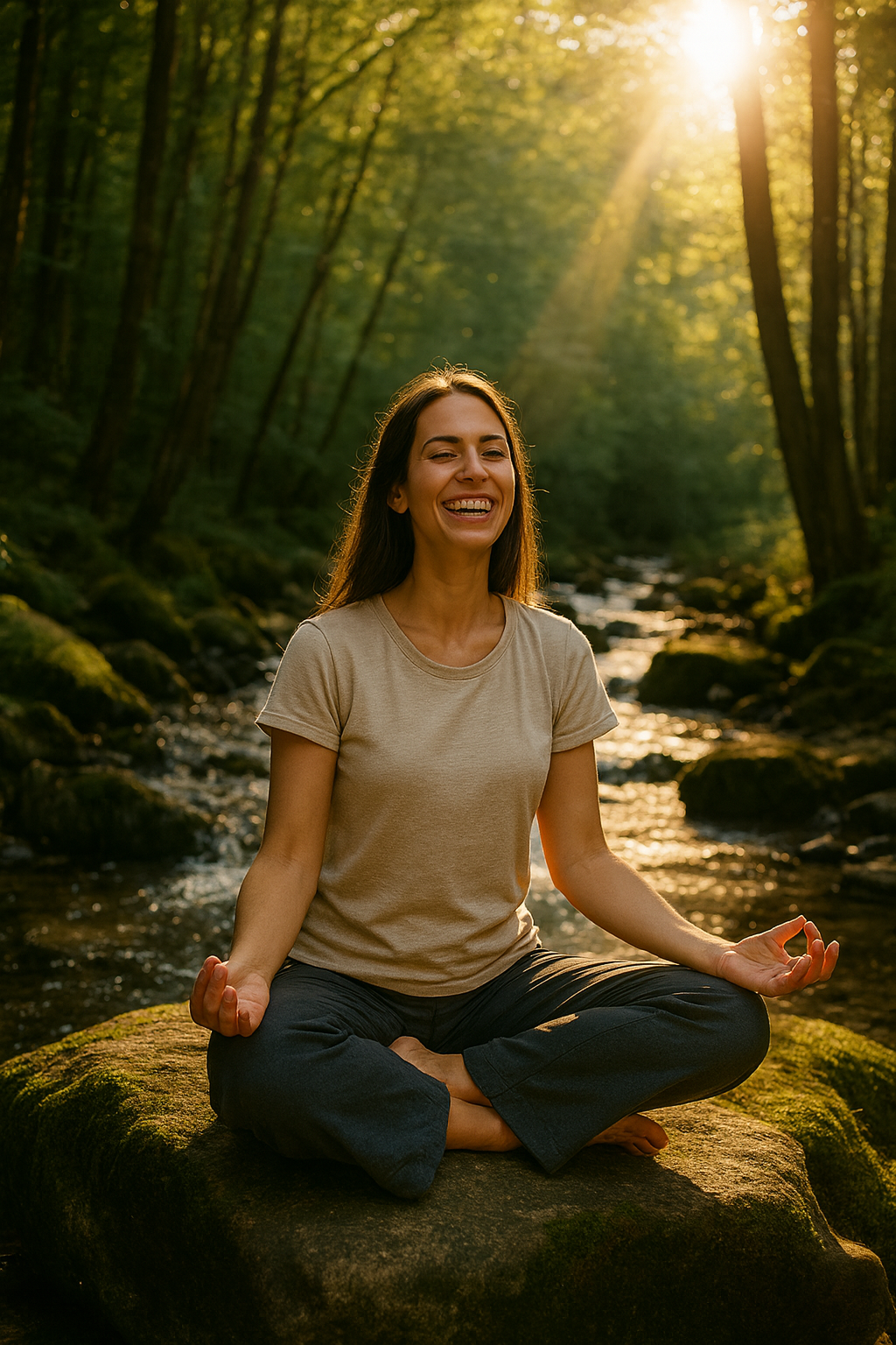 A woman practicing yoga in a forest during sunset, sitting on a moss-covered rock in a meditative pose with a smile.