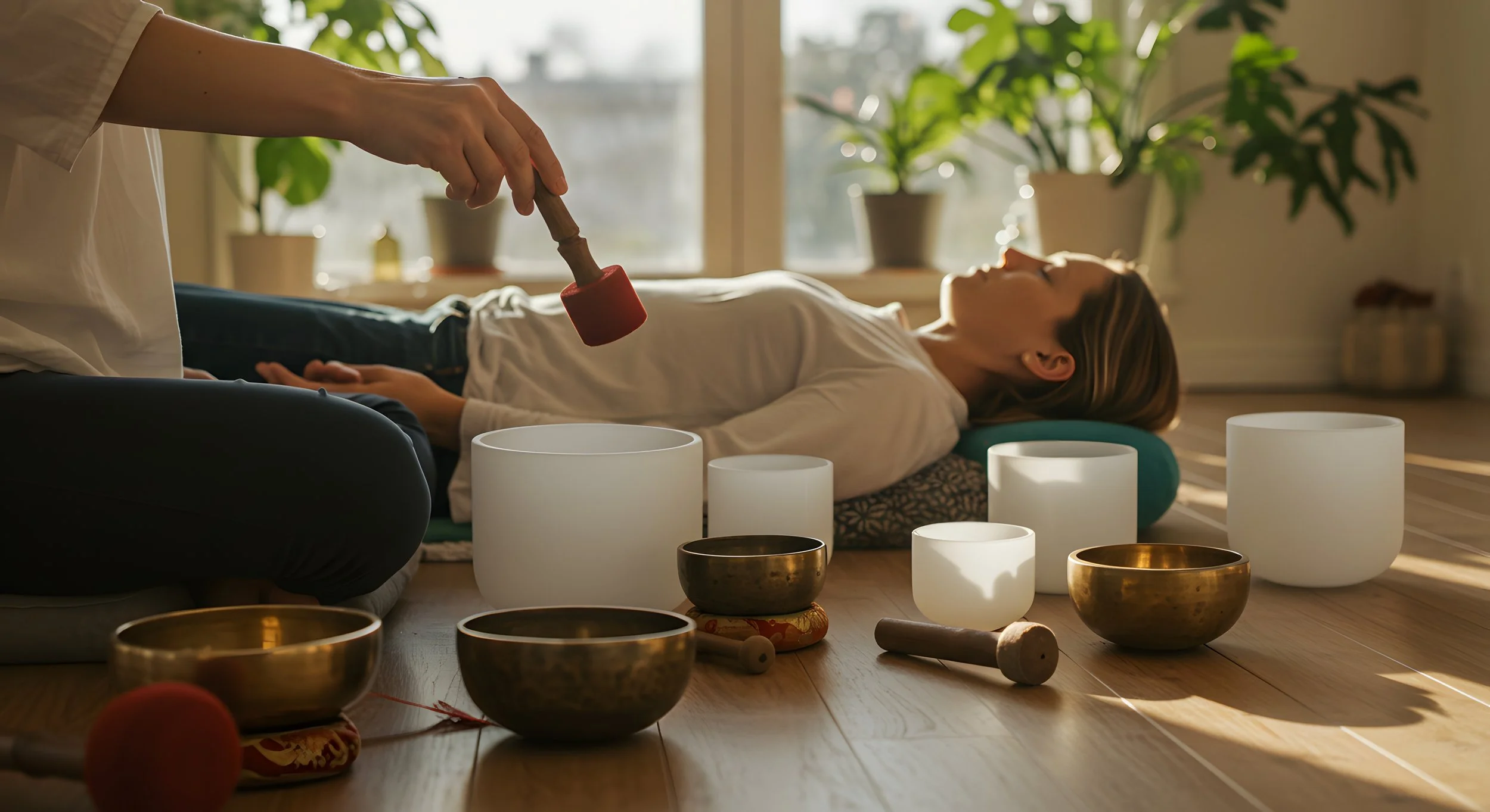 A person lying on the floor with closed eyes, surrounded by singing bowls of various sizes, while another person strikes a singing bowl with a mallet. The scene is lit by natural sunlight, with potted plants in the background.