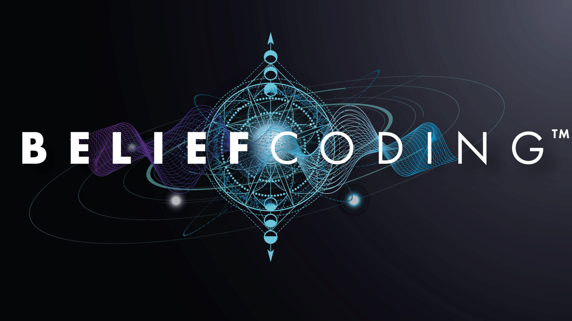 Futuristic graphic with the word 'BELIEF CODING' overlaid on a digital, geometric design featuring interconnected lines and points, with glowing orbs and a central bright point.