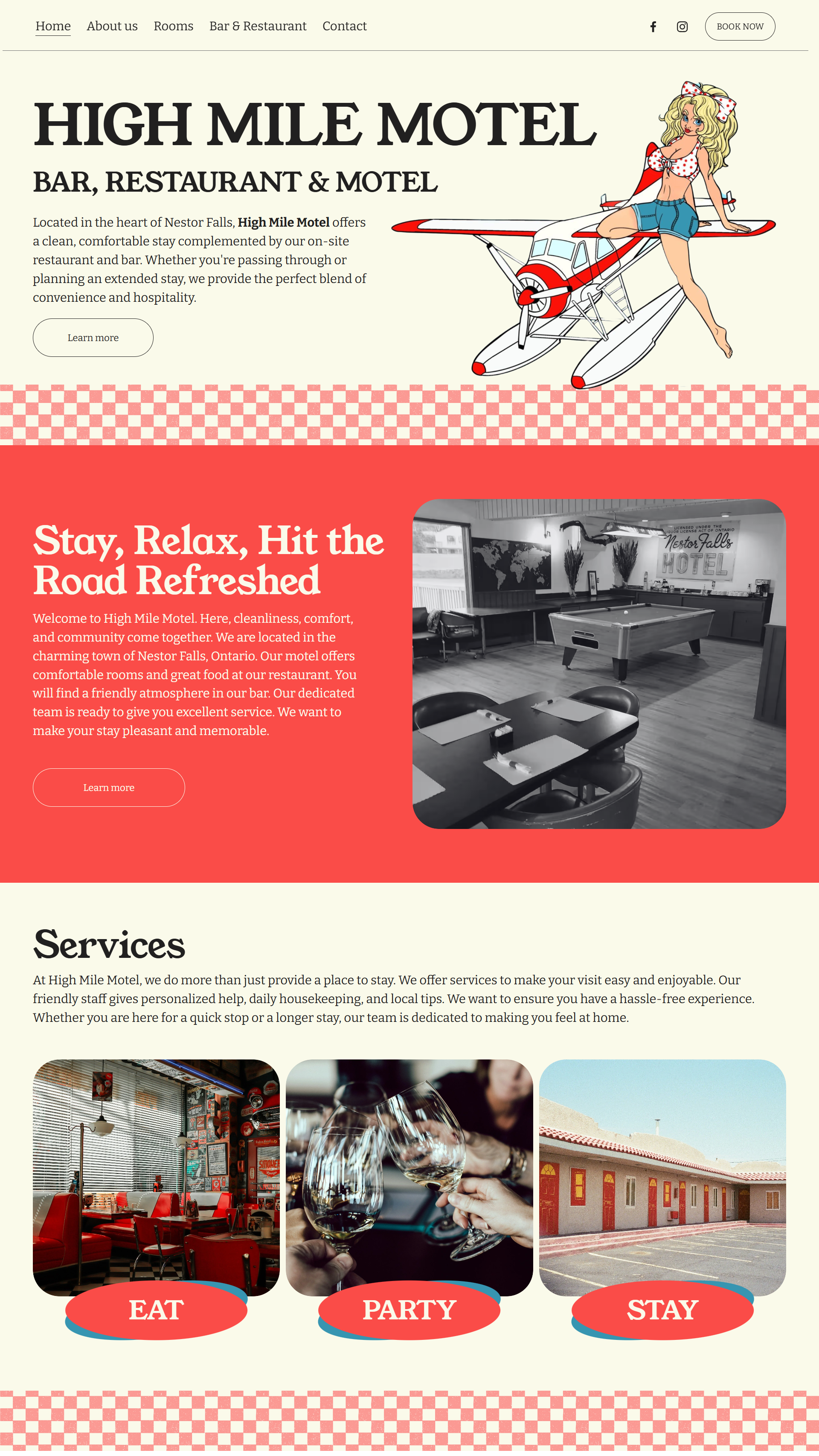 Homepage of High Mile Motel featuring a cartoon woman with blonde hair in a polka dot top and denim shorts, sitting on a small plane. Includes navigation menu, a promotional section about the motel, an interior image of the bar area, and sections about services with images of a restaurant, wine glasses, and motel exterior.