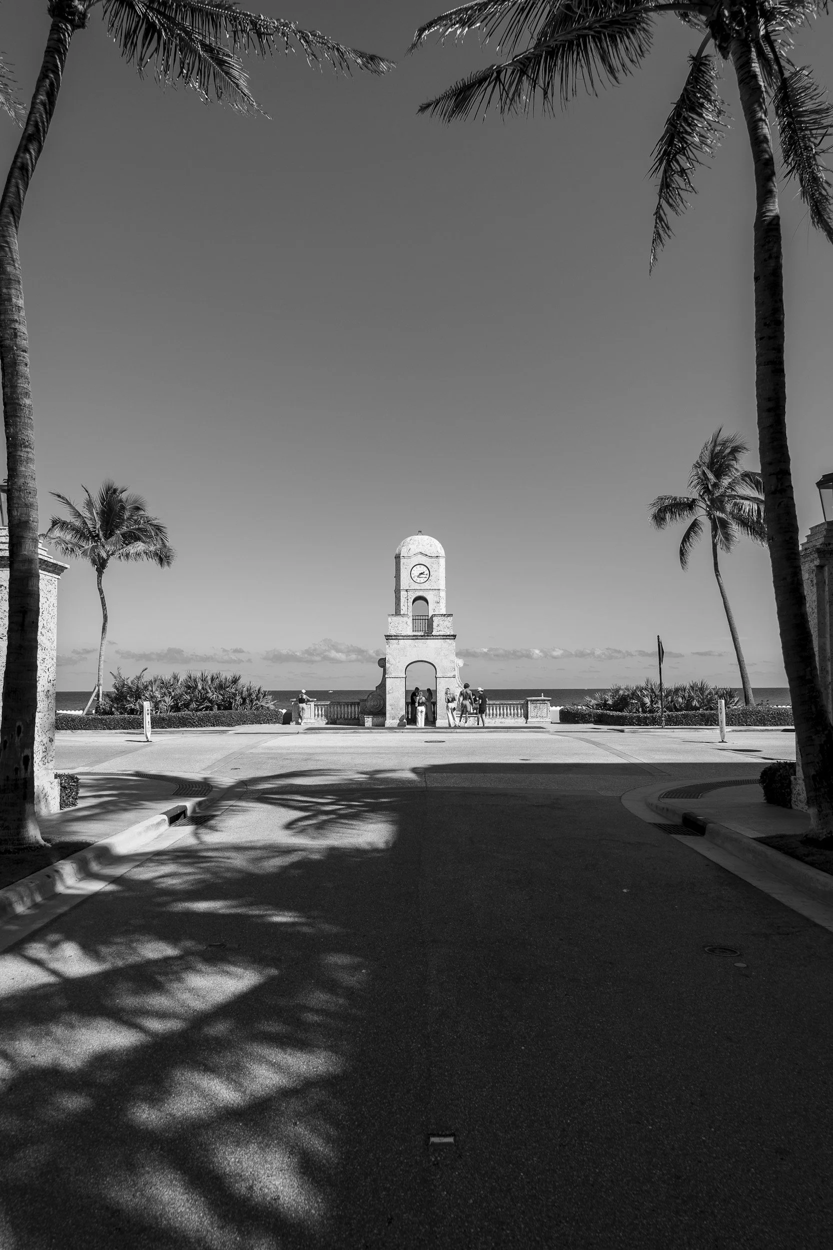 A black and white photo of a clock tower on a coastal promenade, framed by palm trees, with a clear sky and the ocean in the background.