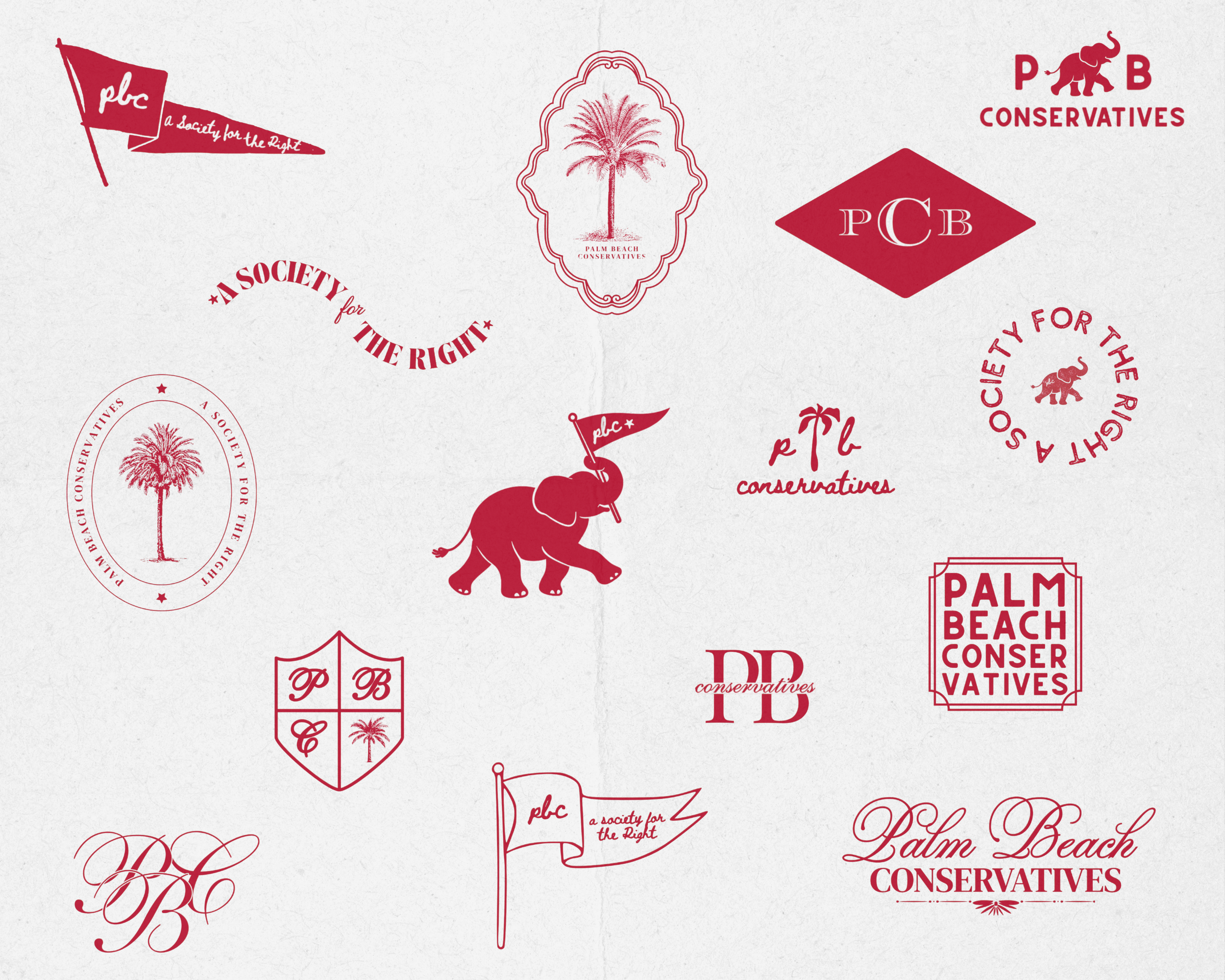 Logo wall filled with different red Palm Beach Conservative A Society for the Right logos and taglines