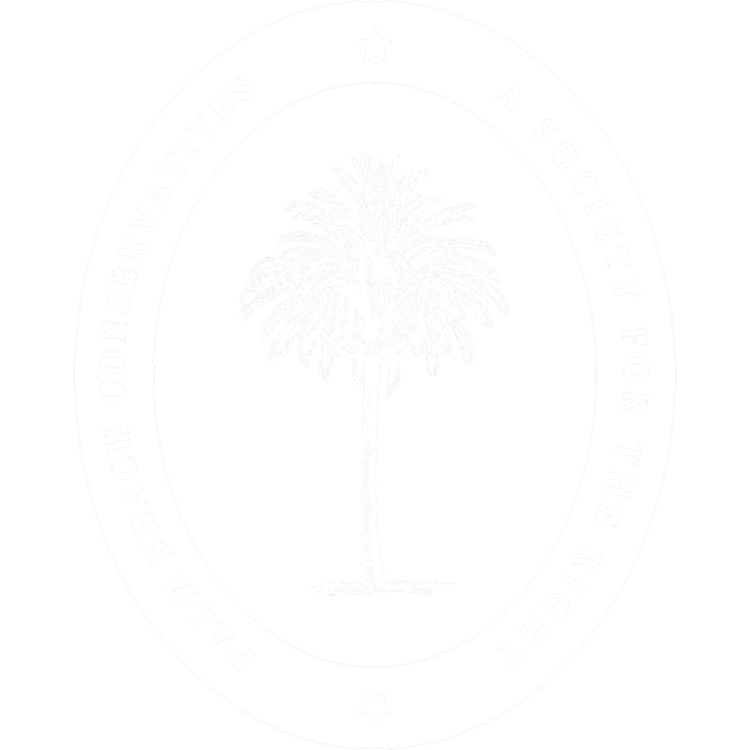 Seal with a black background, featuring a white palm tree in the center and white text around the border reading 'Palm Beach County Conservatory for the Right of the Pixie'.