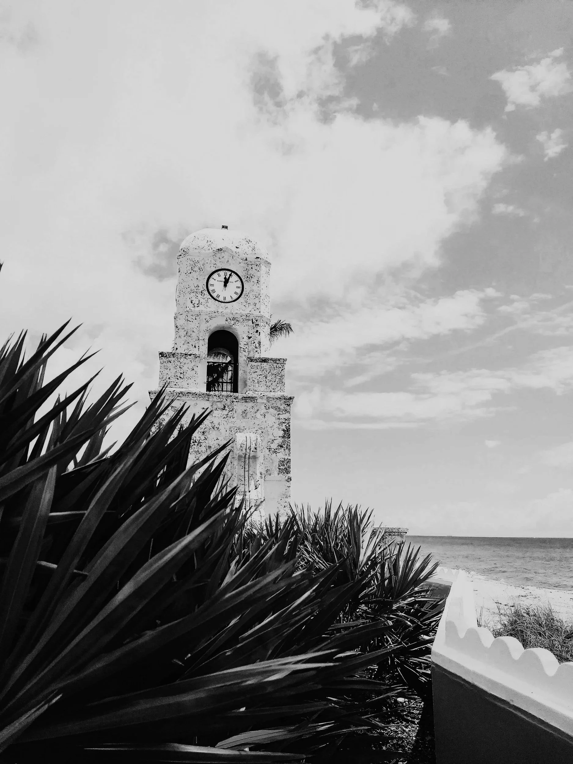 A black and white photo of a clock tower near the beach, with palm trees and cloudy sky in the background.