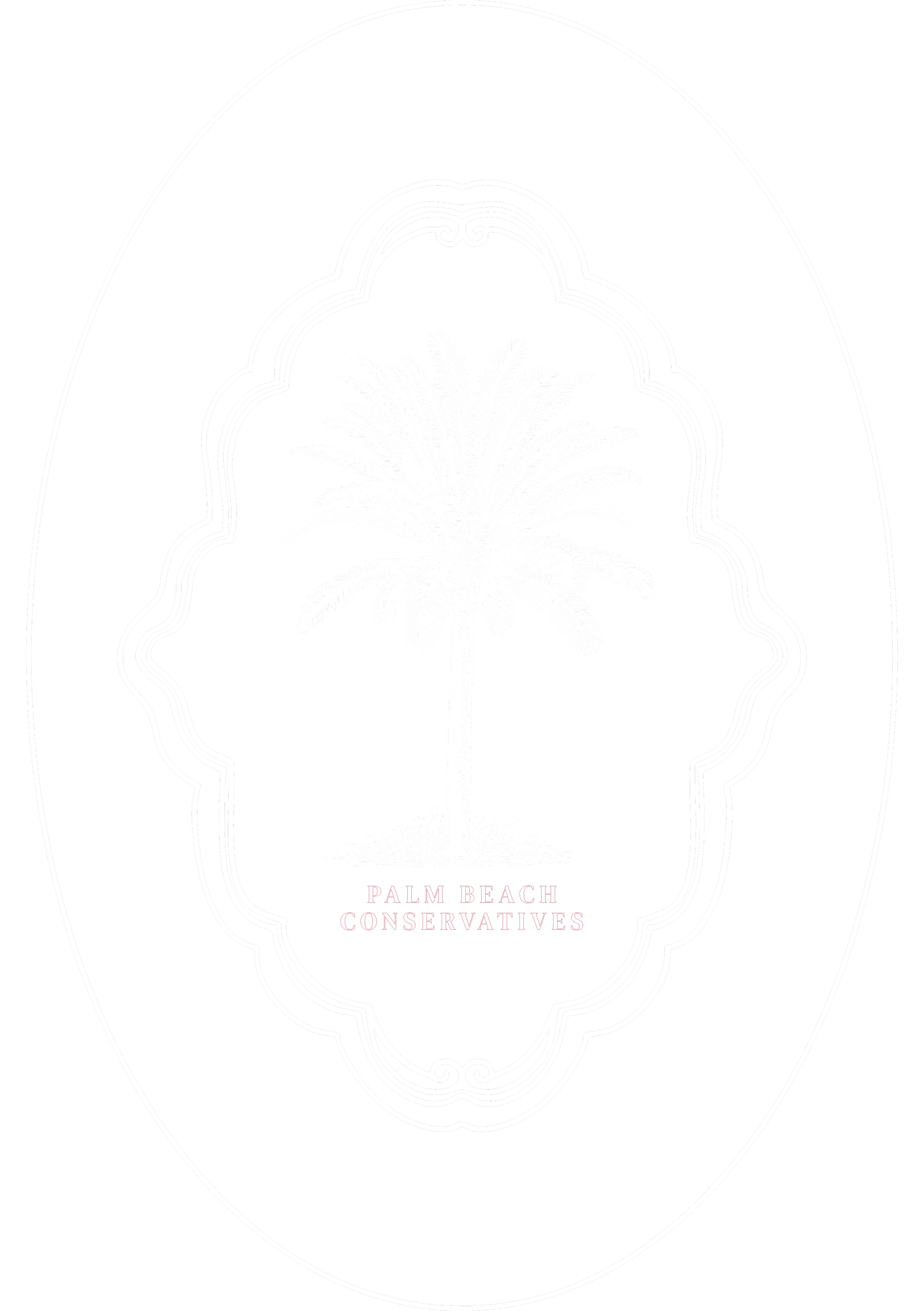 Oval outline with Palm Beach Conservatives logo in fancy border with palm tree sketch in white