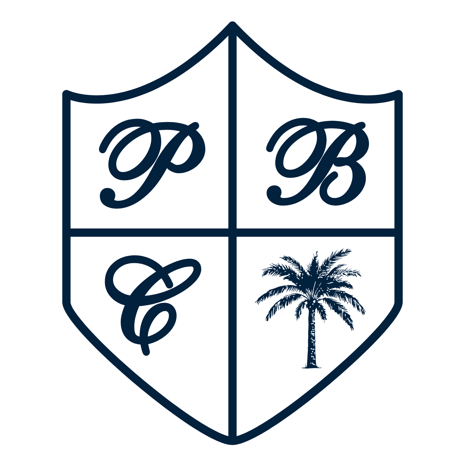 PBC crest with palm tree logo in navy blue