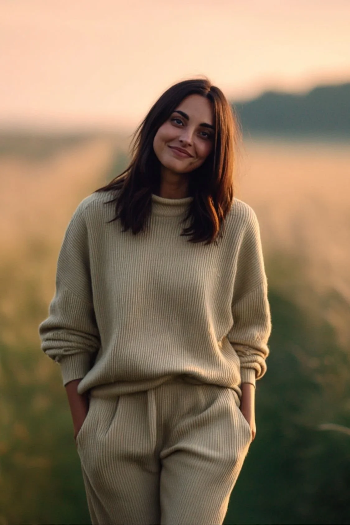 Full body shot of Rachel wearing a beige sweater and matching pants outdoors during sunset with her hands in her pockets, smiling at the camera.