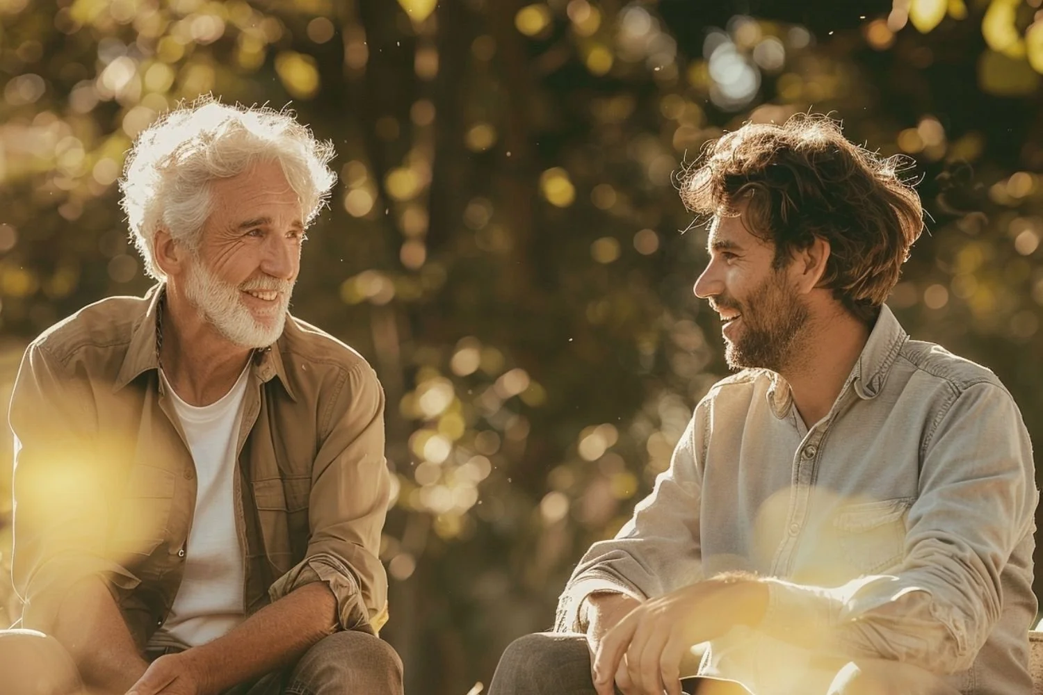 An elderly man and a middle-aged man sitting outdoors, smiling and talking to each other in a sunny park.