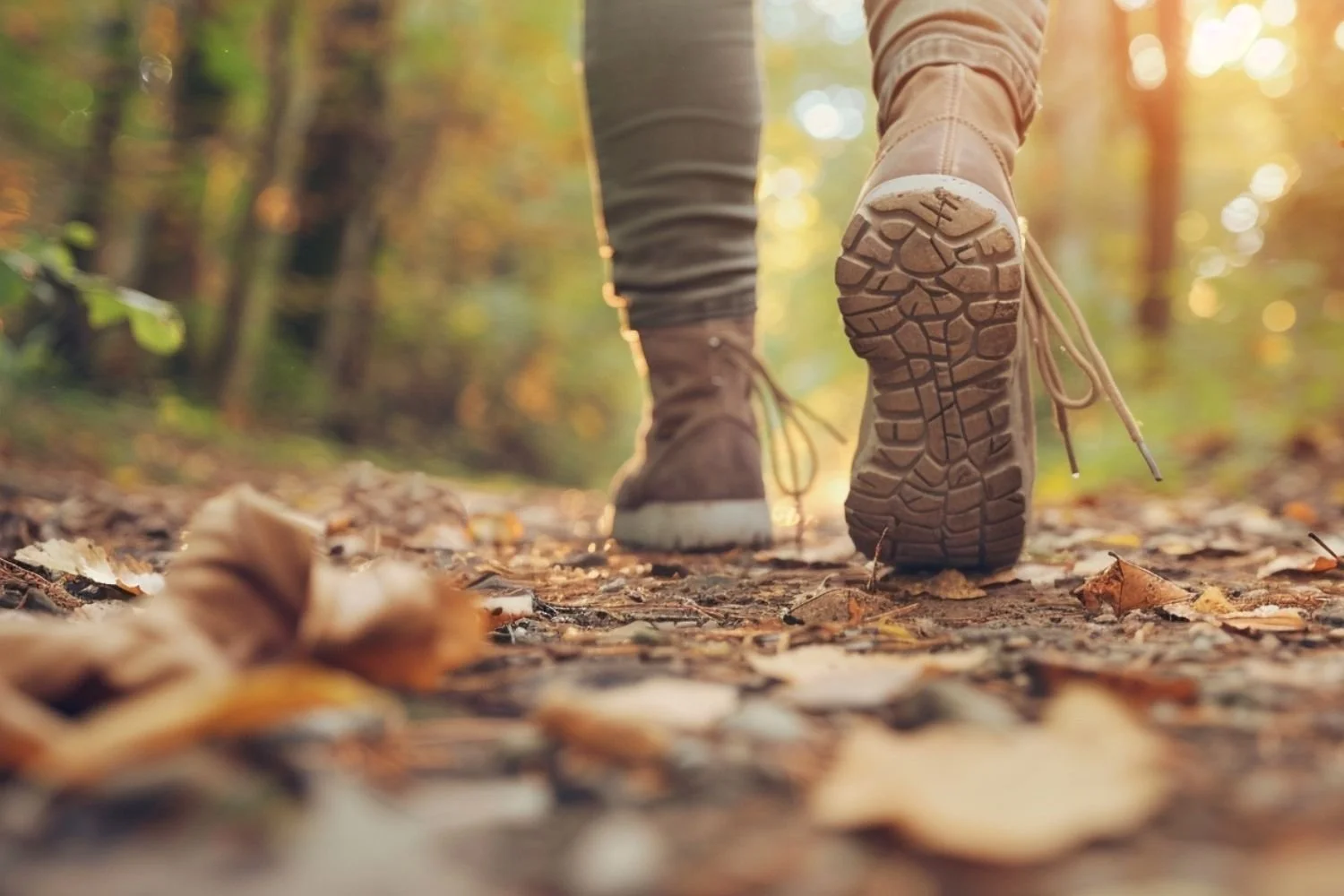 Close-up of a person walking on a trail covered with fallen leaves in a forest during autumn.