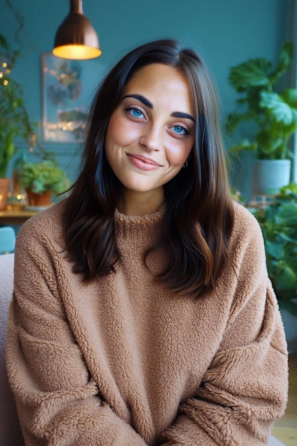 Headshot of Rachel wearing a beige cozy sweater, smiling softly in a warmly lit room with green plants in the background.