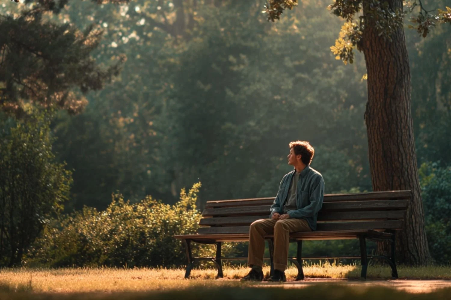 A young man sits alone on a wooden park bench under a large tree, surrounded by greenery, during late afternoon or early evening light.