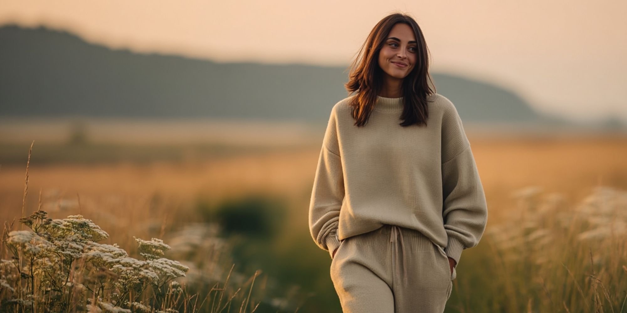 Full body shot of Rachel wearing a beige sweater and sweatpants, standing in a field of tall grass and white wildflowers at sunset.