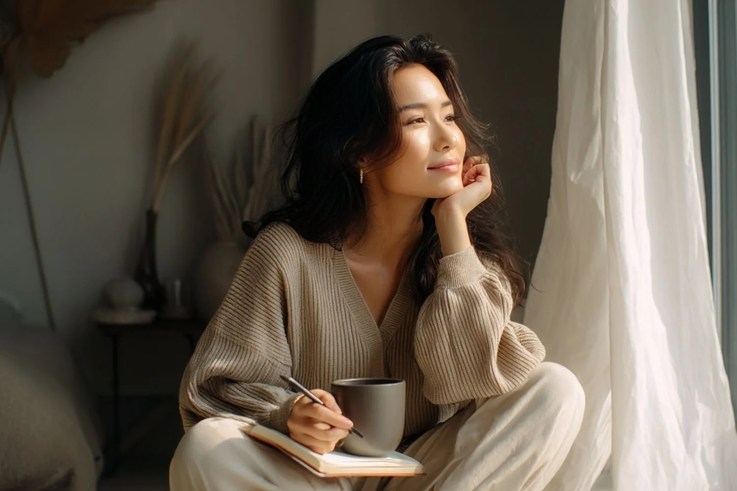 A woman with dark, wavy hair sitting by a window, looking outside with a peaceful expression, holding a grey mug and a notebook, wearing a beige sweater and cream-colored pants.