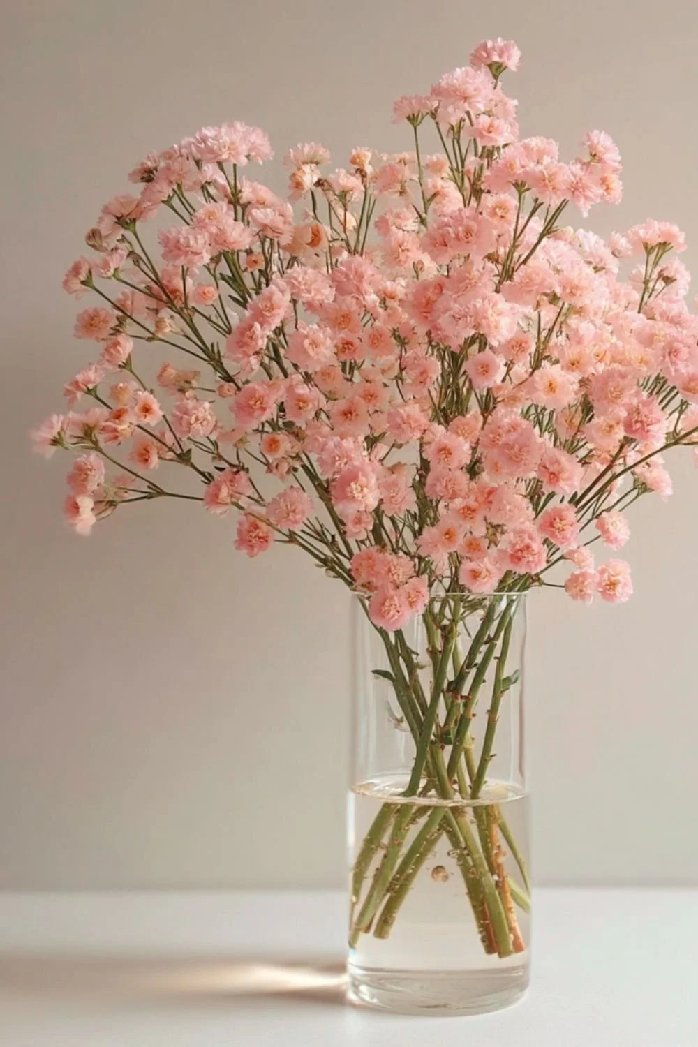 A clear glass vase filled with pink gypsophila flowers against a plain background.