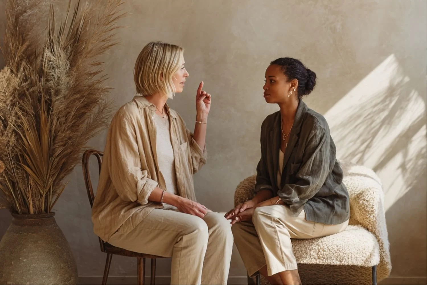 Two women sitting face-to-face in a warmly lit room with beige walls. One woman, with blonde hair and light skin, is speaking and raising her index finger. The other woman, with dark hair and darker skin, is listening attentively. A large vase with dried pampas grass is on the left side, and sunlight creates shadow patterns on the wall.