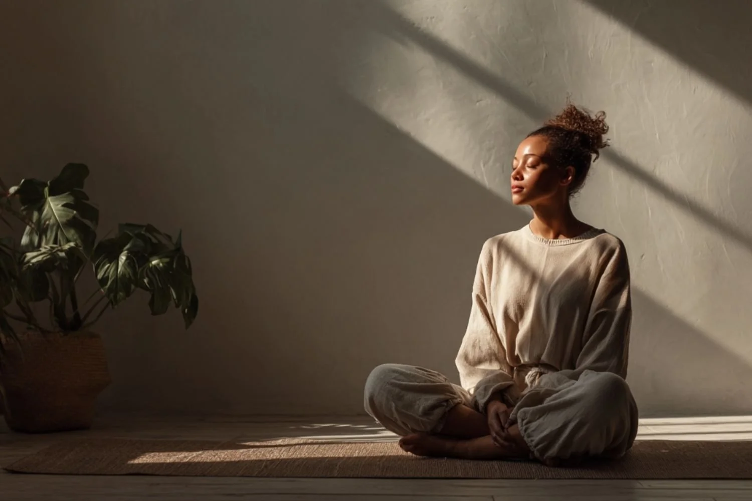Young woman sitting on a yoga mat with the sun shining on her face