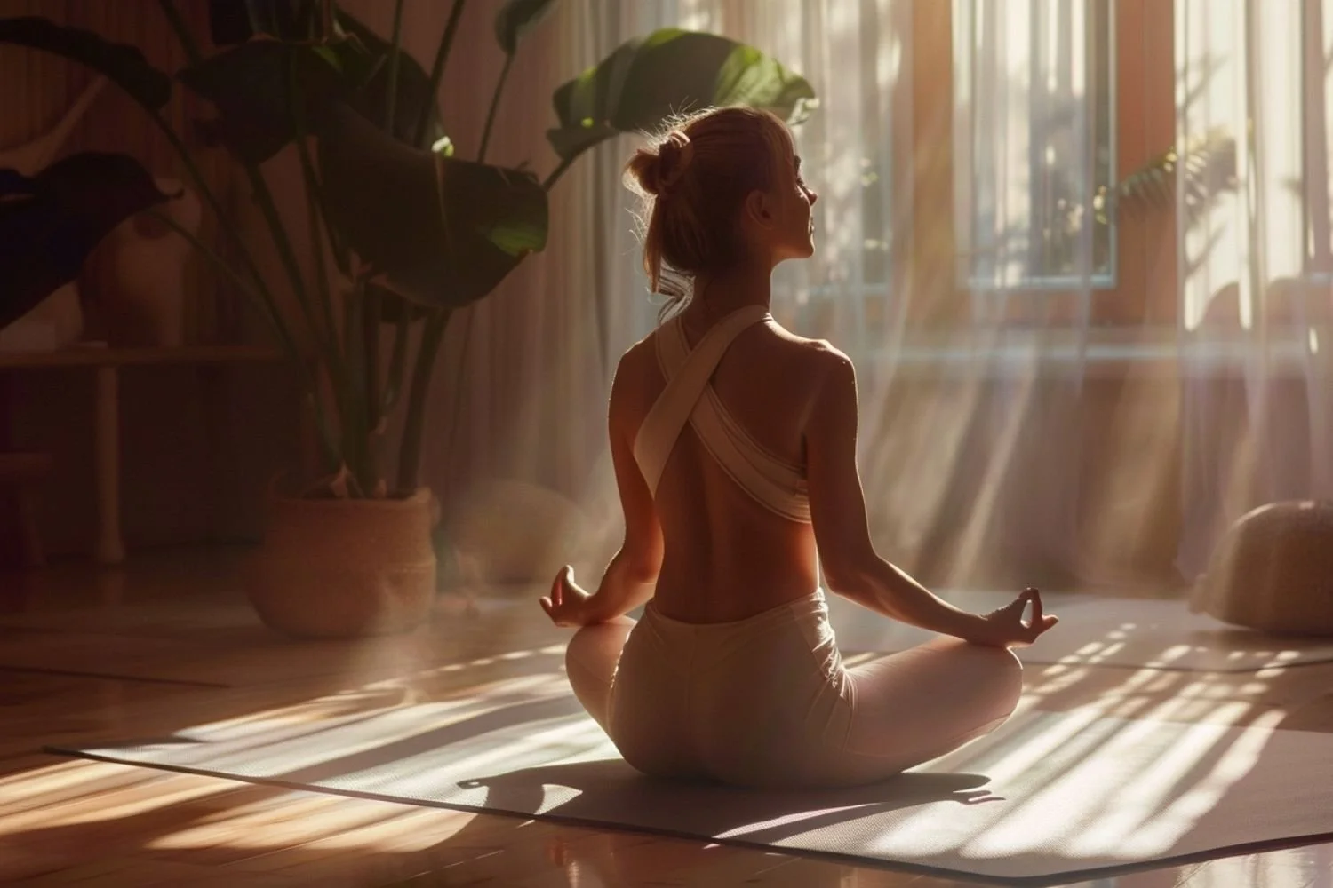 A woman practicing yoga in a serene, sunlit room with sunlight streaming through the window, sitting in a cross-legged meditation pose.