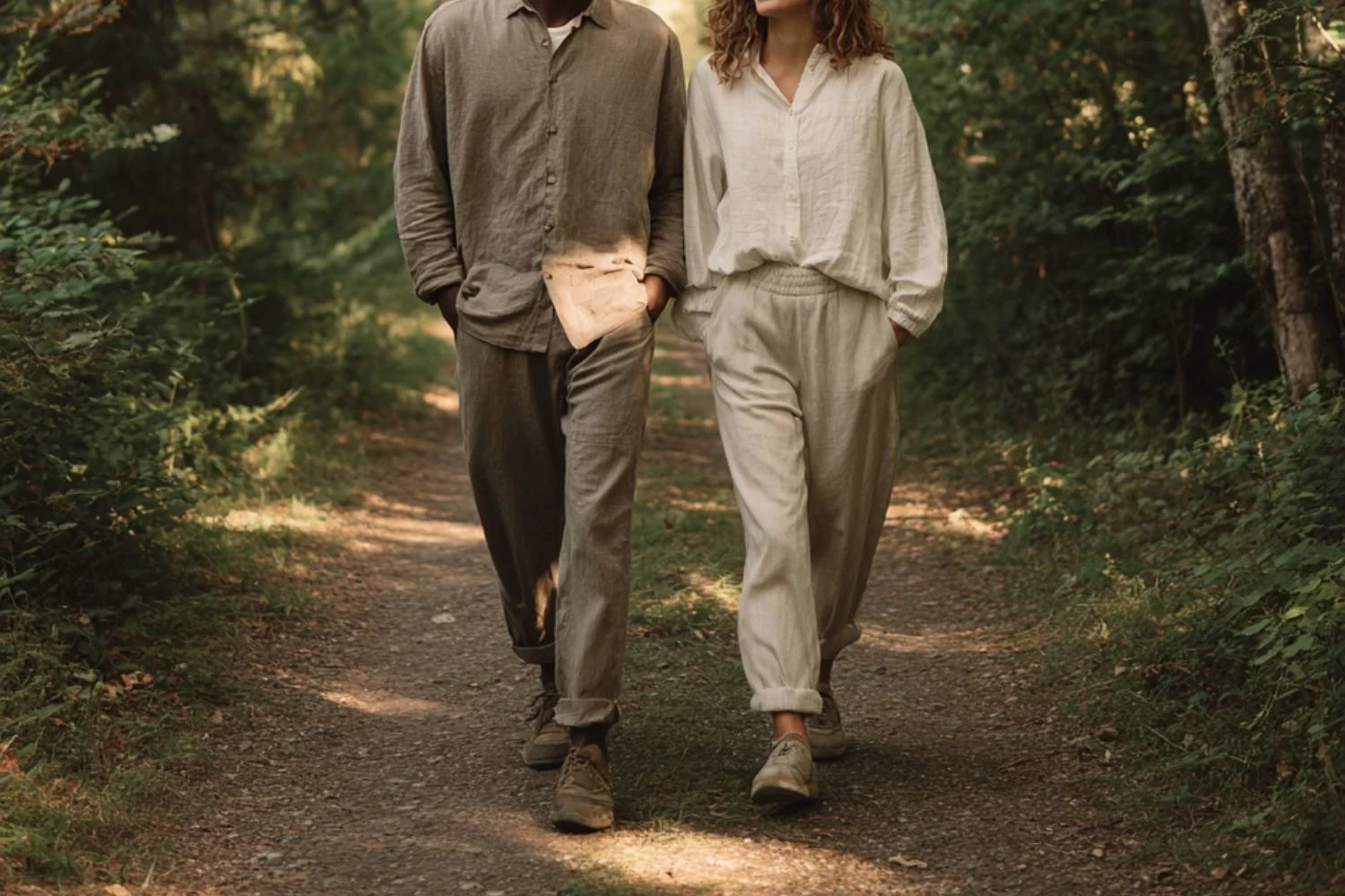 A man and woman walking on a forest trail together, dressed in neutral-colored casual clothing.