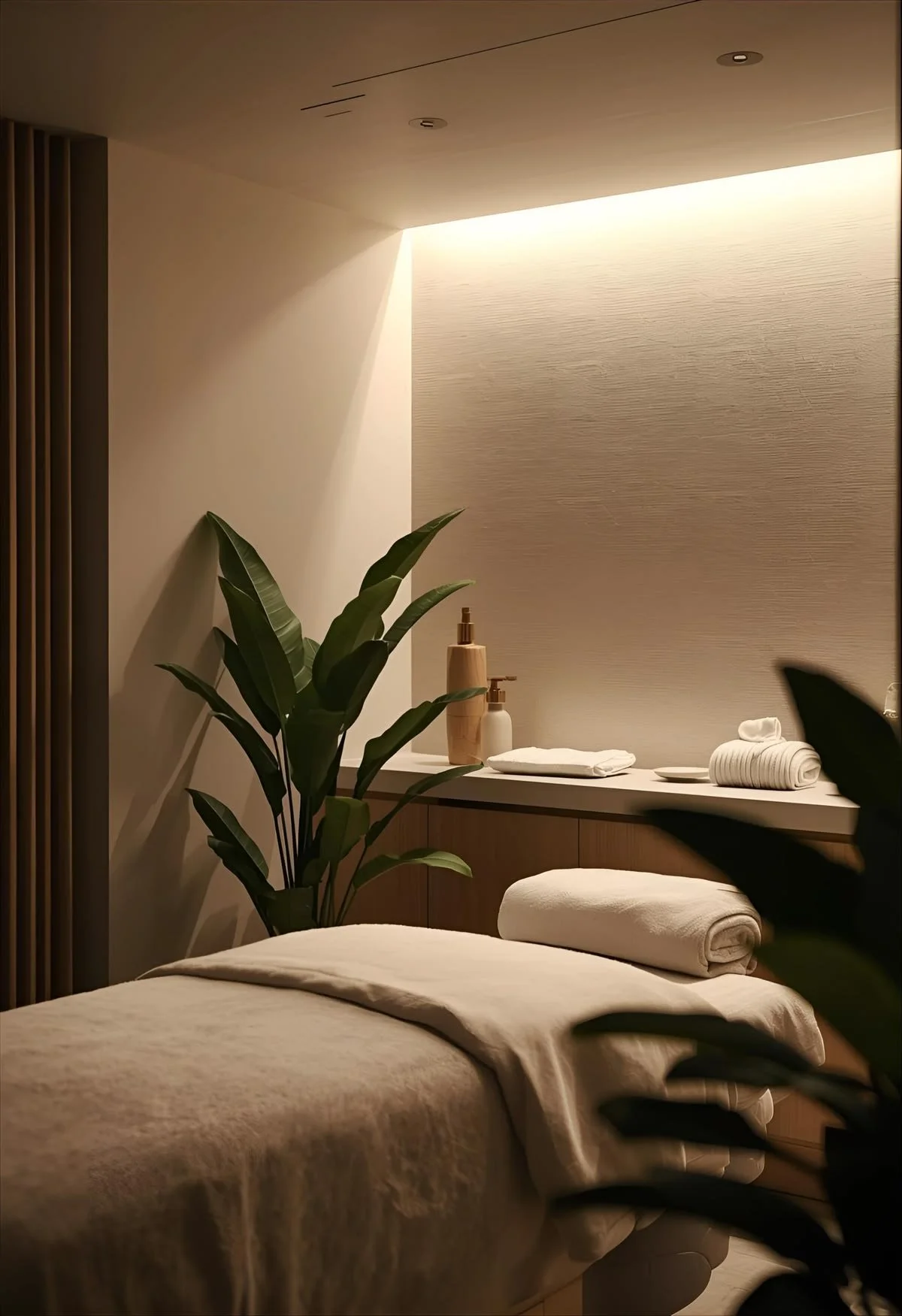 A spa or massage room with a massage table covered in a beige sheet, a rolled towel on top, and green plants in the background. There is a counter with decorative bottles and towels, warm lighting, and textured beige walls.