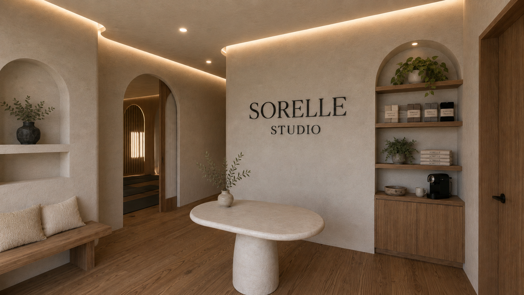 Interior of a spa or wellness studio with wooden flooring, a white textured wall with the sign 'SORELLE STUDIO,' a beige marble table with a small vase and greenery, woven benches with pillows, and shelving with decor and skincare products.