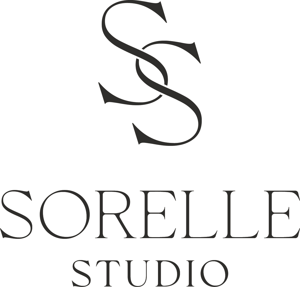 A black and white logo featuring a stylized letter 'S' with arrows wrapping around it, and the words 'Sorelle Studio' written below.