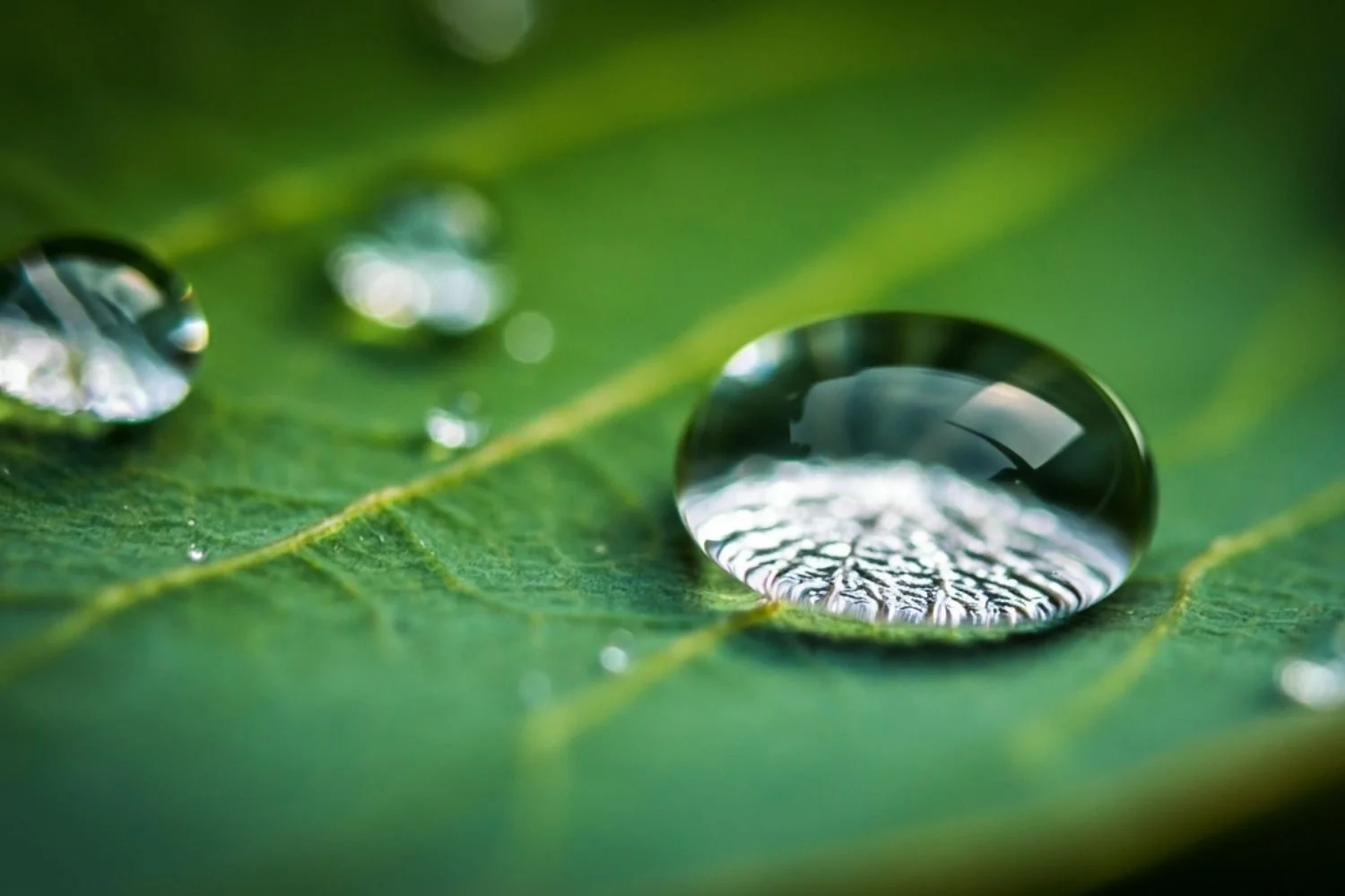 Close-up of water droplets on a green leaf, with reflections visible in the droplets.