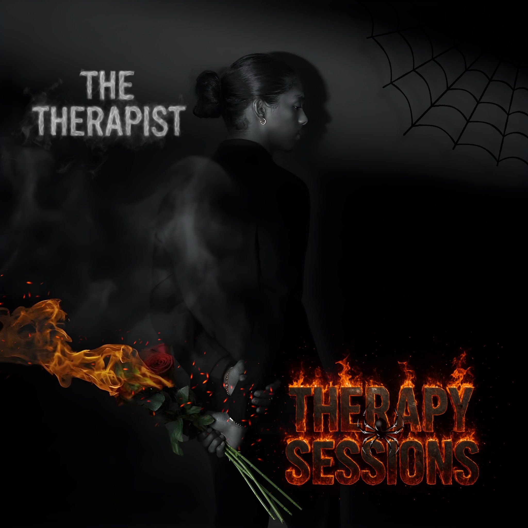 A woman in black with her hair in a bun, holding a red rose, standing in front of a dark background with a spider web. The text 'The Therapist' appears in white, and 'Therapy Sessions' is in fiery orange with an insect on the text.