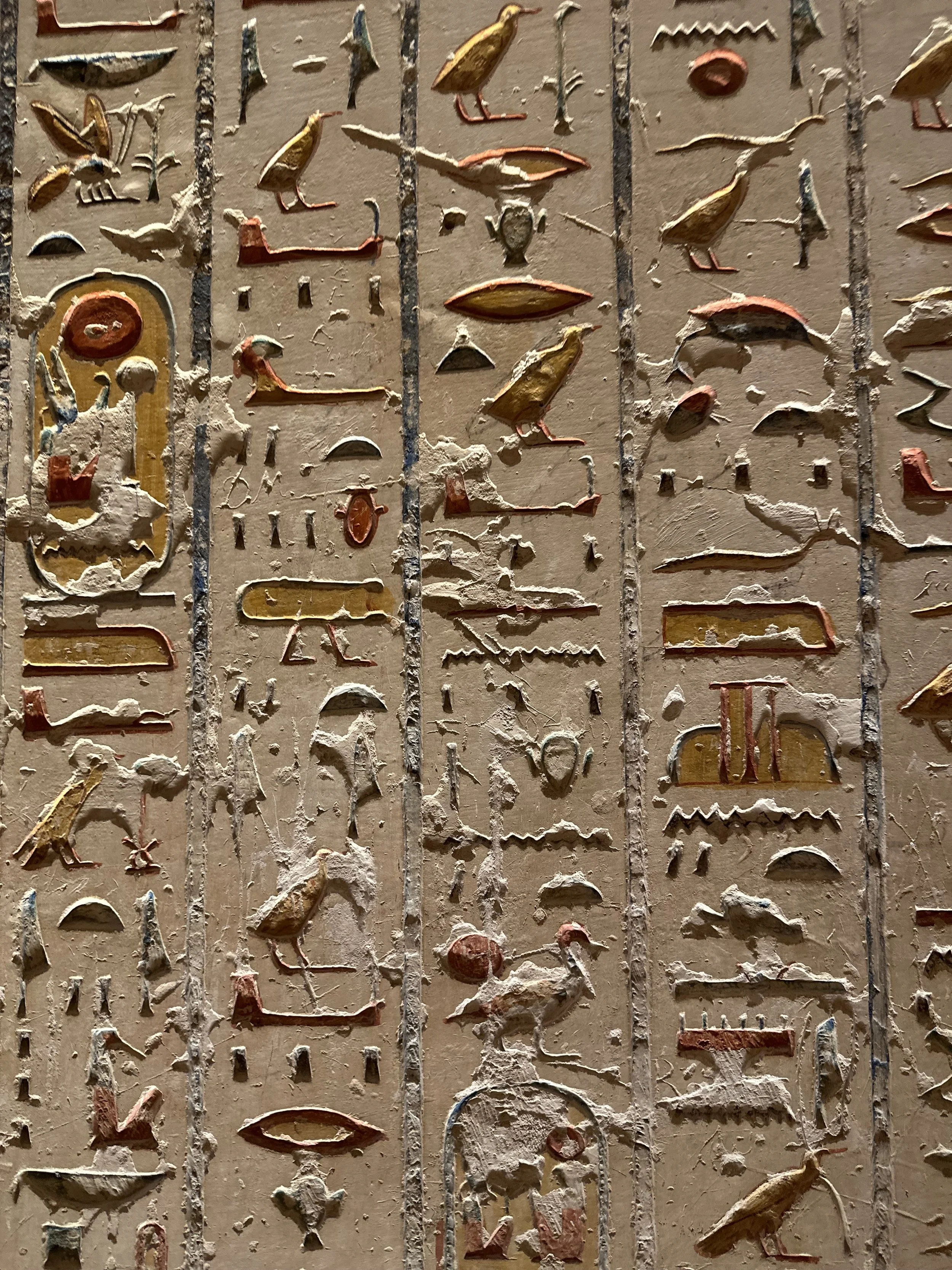 Ancient Egyptian hieroglyphics carved into stone wall depicting symbols of animals, objects, and shapes with some paint remnants.