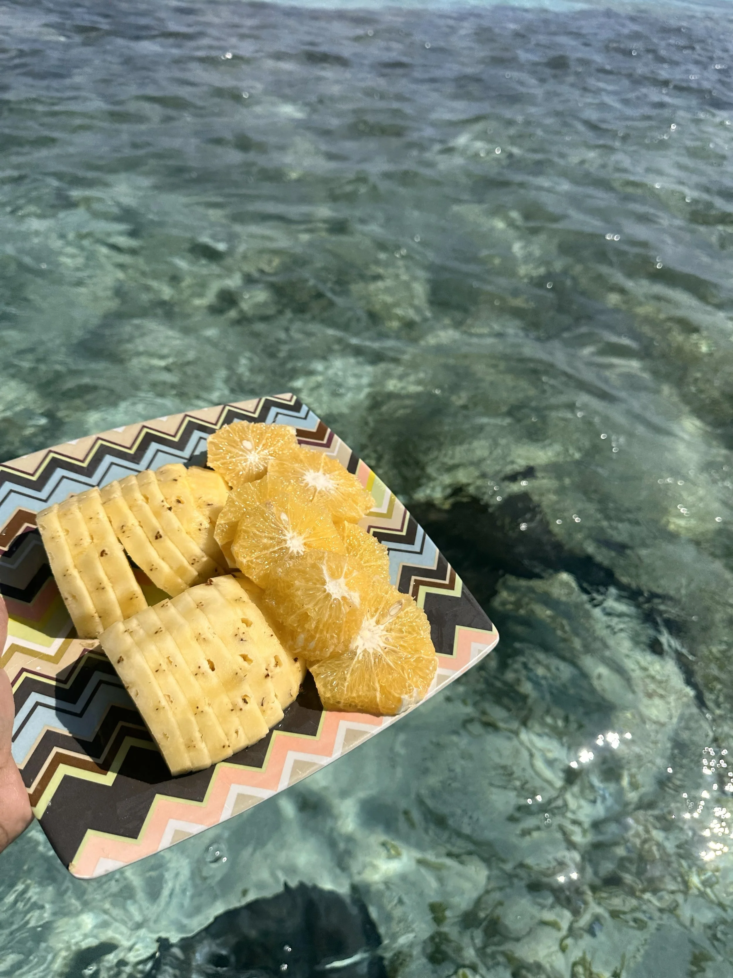 A hand holding a colorful tray with sliced bananas and orange slices over clear ocean water.