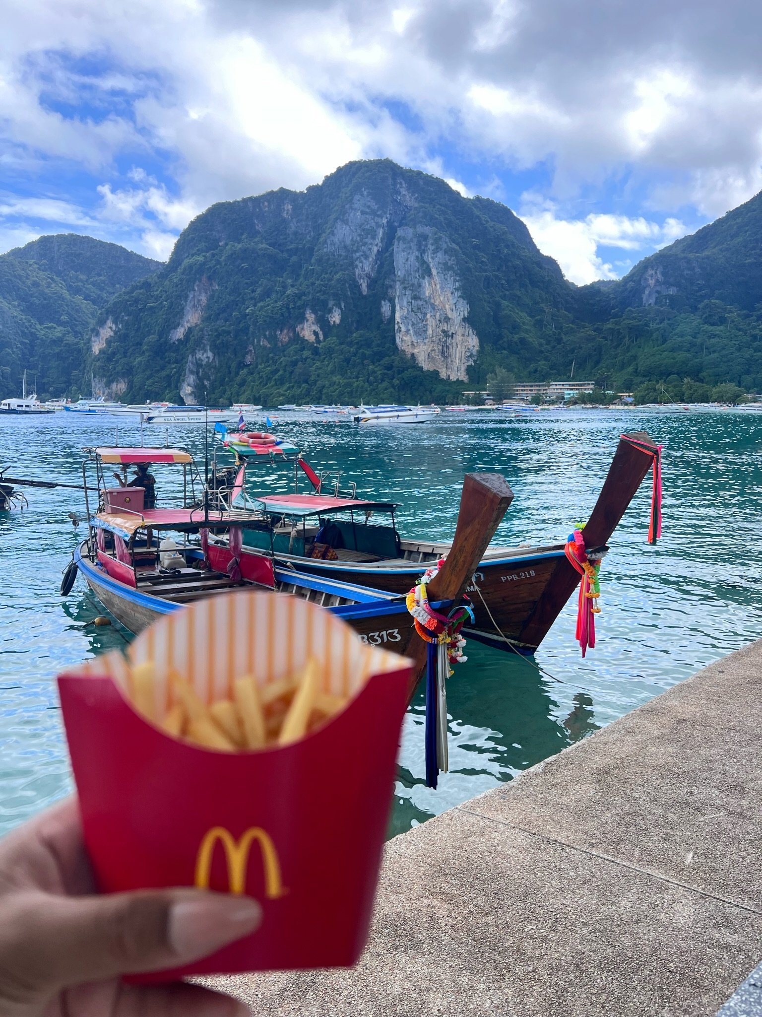 A hand holding a red McDonald's fries container in front of a scenic lakeside view with boats, mountains, and a partly cloudy sky.