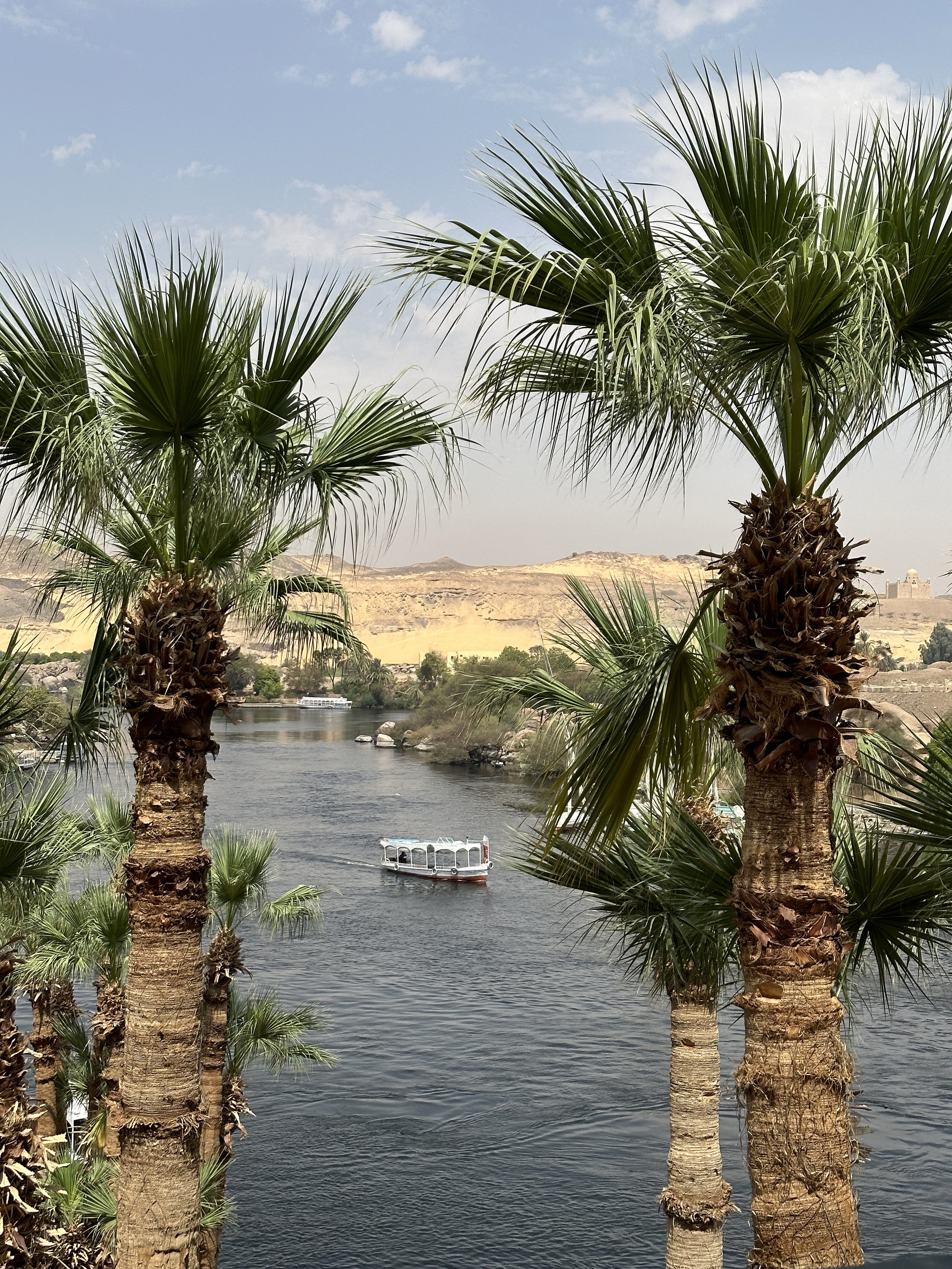 A river with a boat, surrounded by palm trees and desert hills in the background.