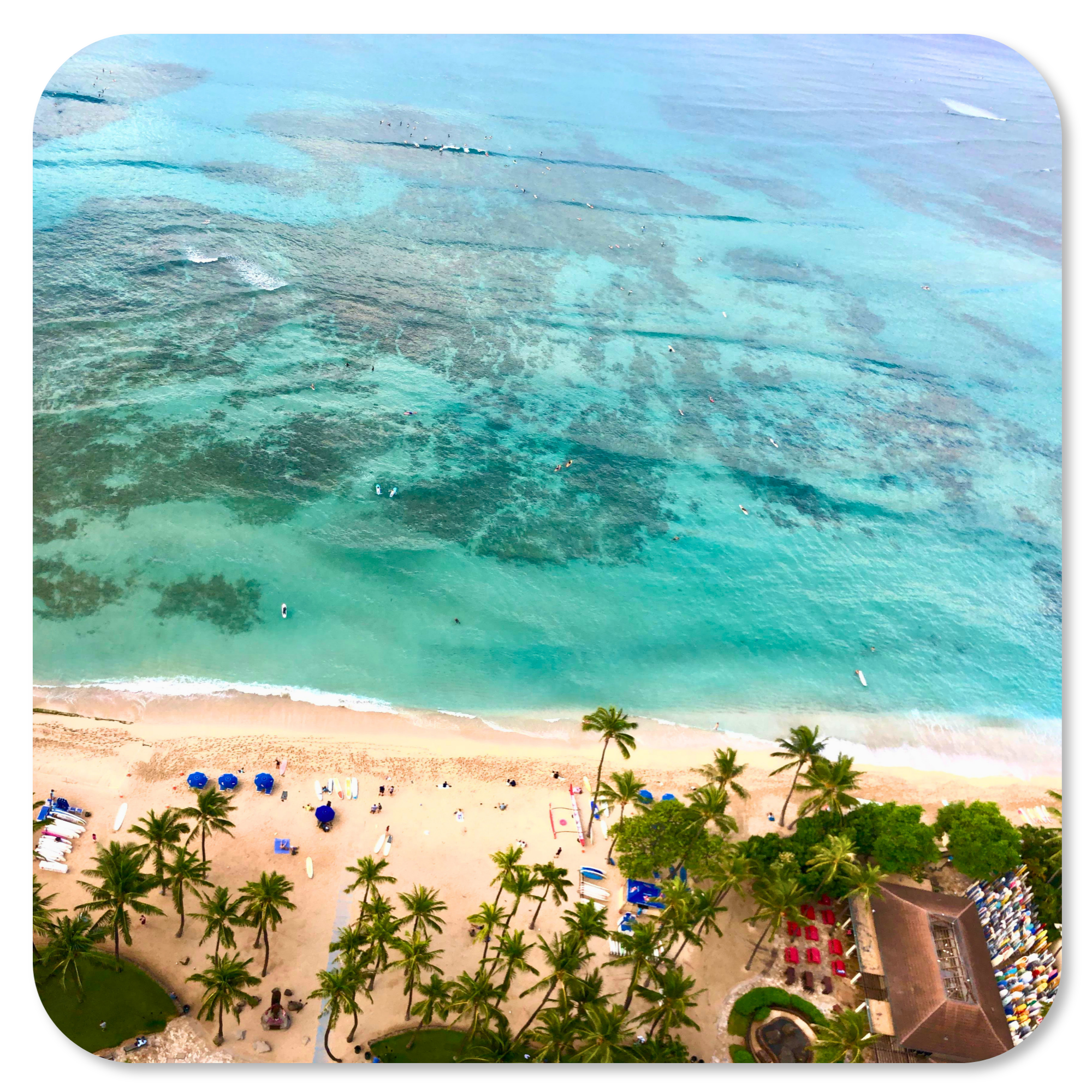 Stunning aerial view of Waikiki Beach showcasing Oahu's famous shoreline and crystal-clear waters.