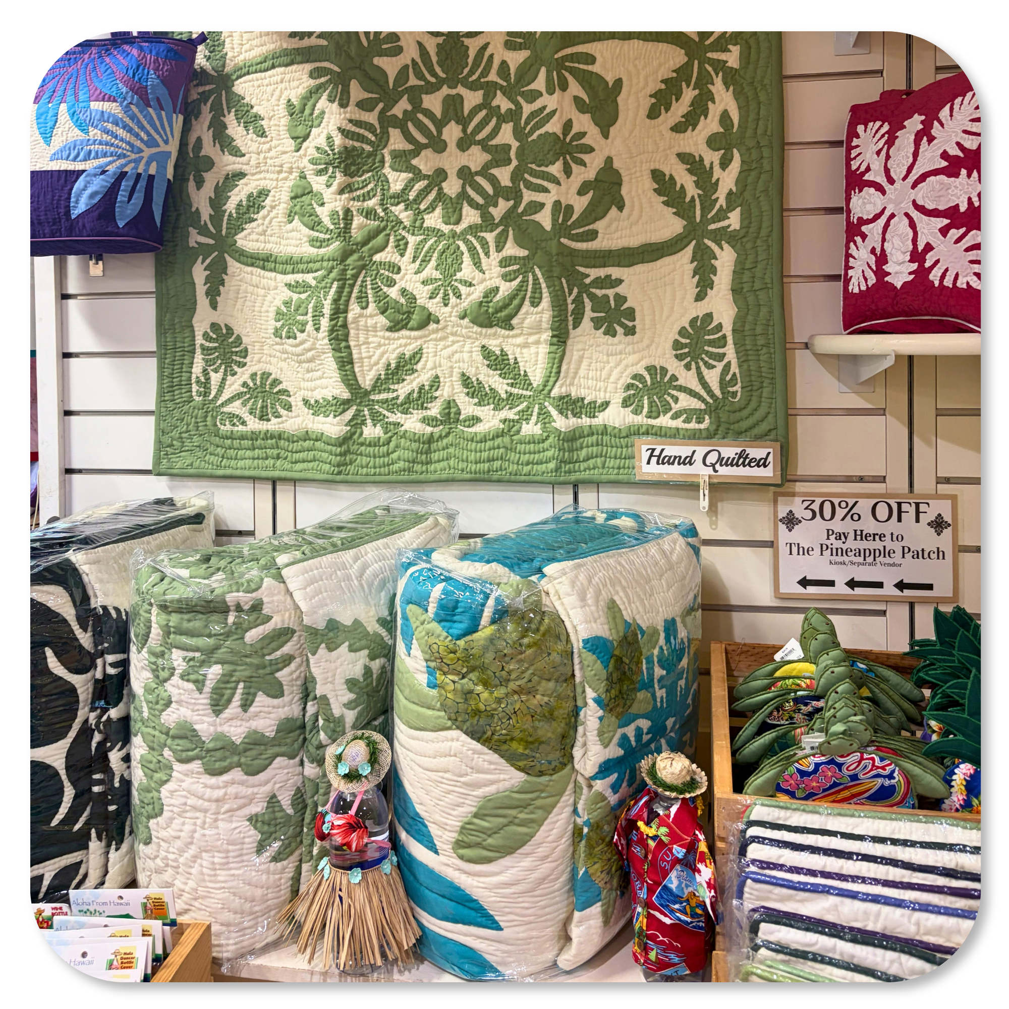 Dole Plantation Hand Quilted blankets pillows and oven mitts
