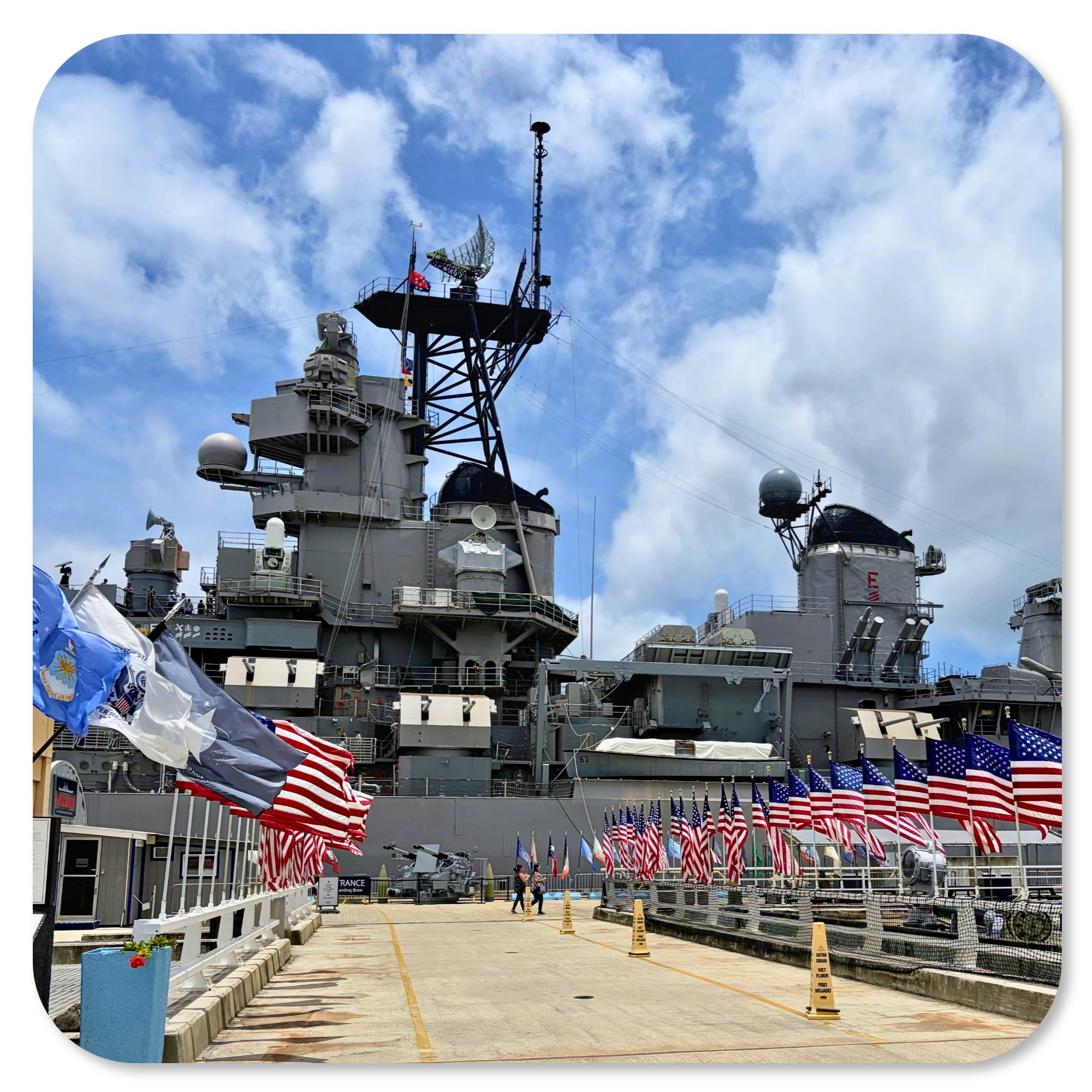 American flags lining the entrance to the USS Missouri, Pearl Harbor