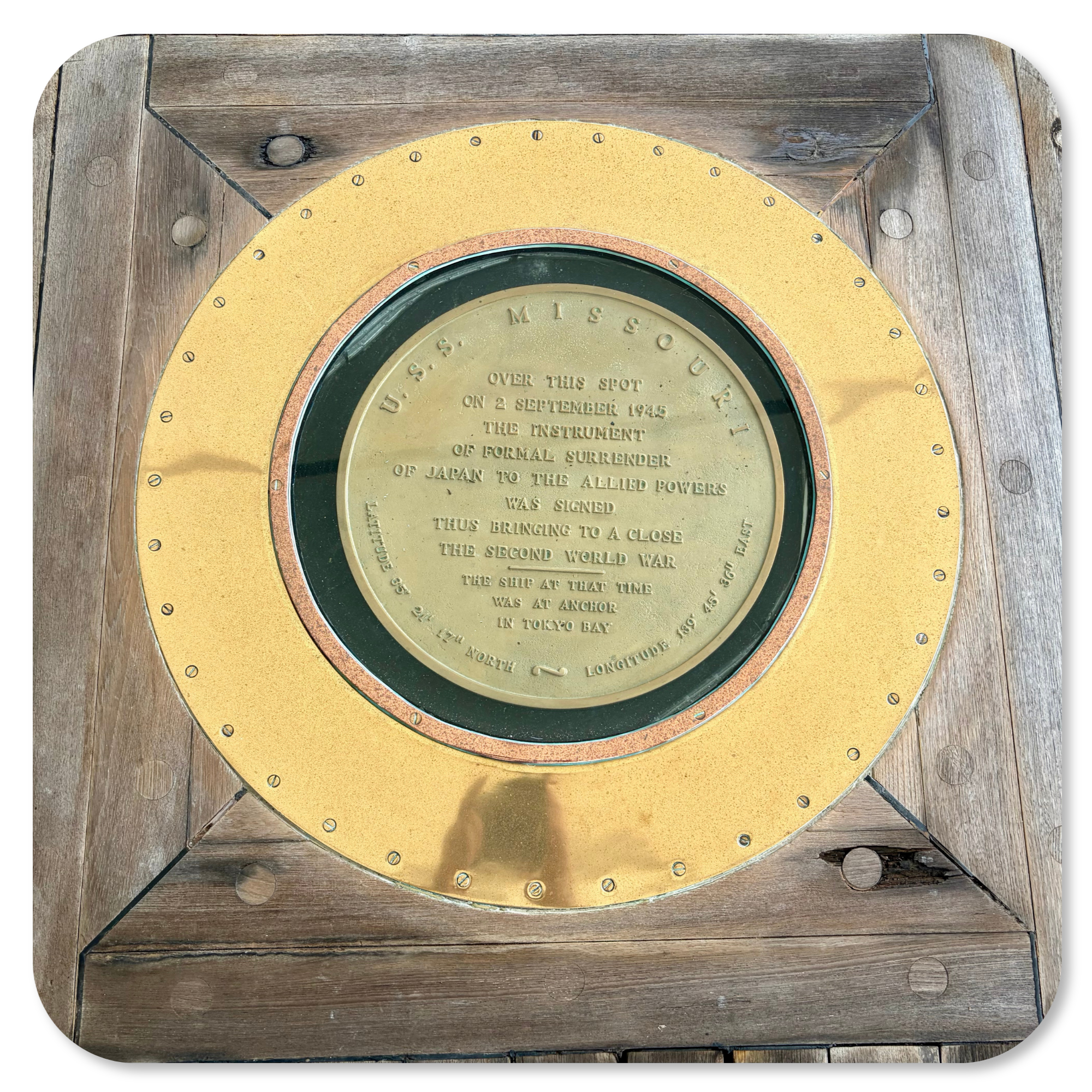Surrender Deck plaque marking Japan's WWII surrender aboard USS Missouri