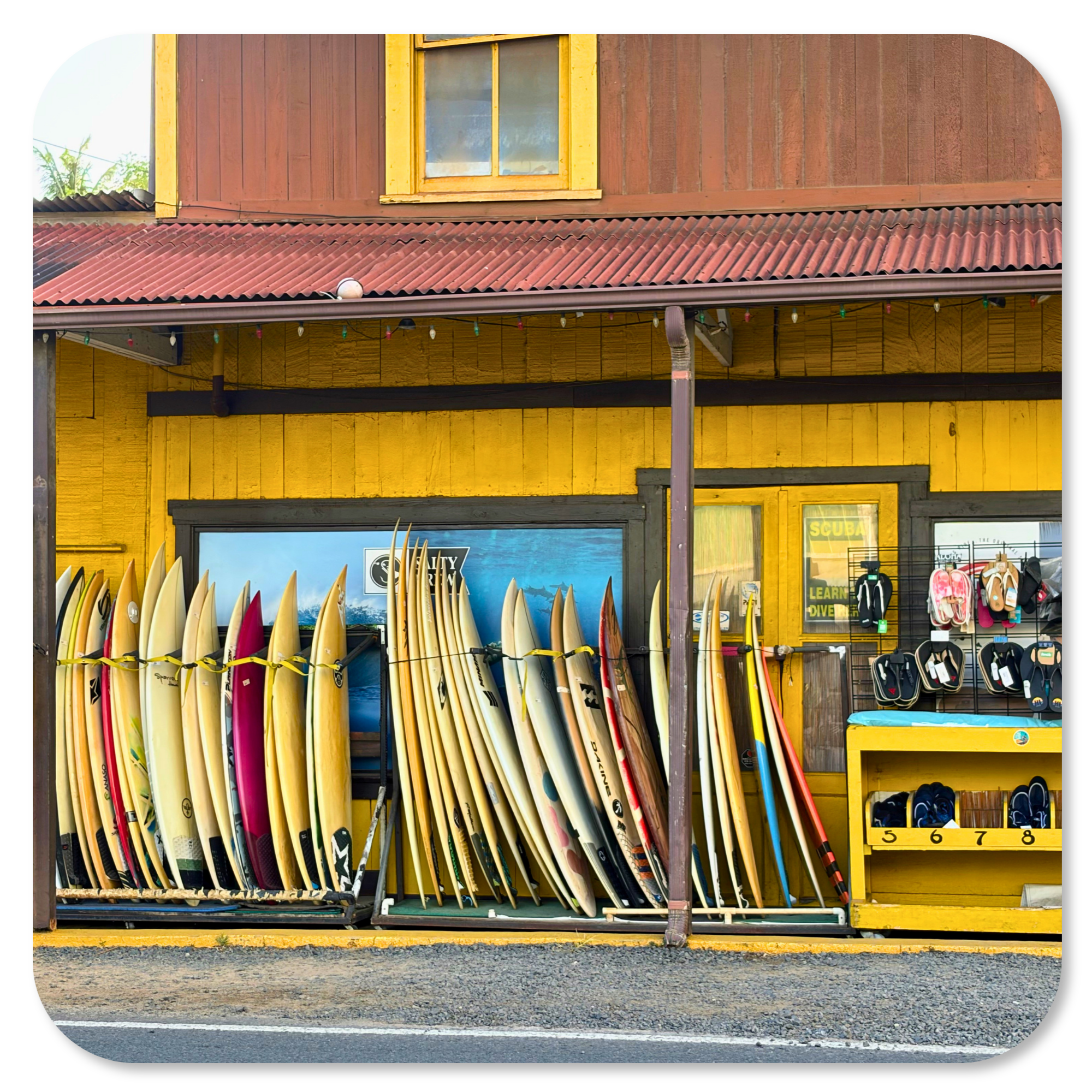 rentals-north-shore-oahu.jpg	Rows of rental surfboards outside a yellow surf shop in Haleiwa on Oahu's North Shore