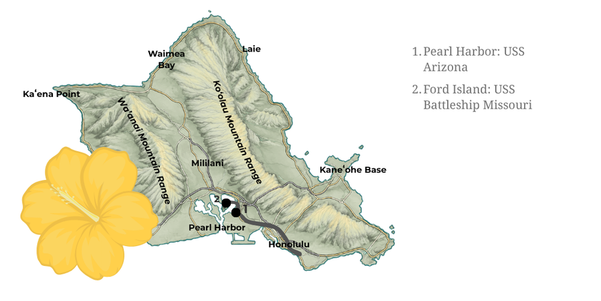 Map of Hawaii showing Pearl Harbor and Ford Island, with a large yellow hibiscus flower overlay.