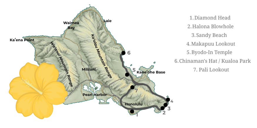 Map of Oahu, Hawaii with points of interest labeled from 1 to 7, including Diamond Head, Halona Blowhole, Sandy Beach, Makapu'u Lookout, Byodo-In Temple, Chinaman's Hat / Kualoa Park, and Pali Lookout. There is a large yellow hibiscus flower illustration on the lower left side of the map.