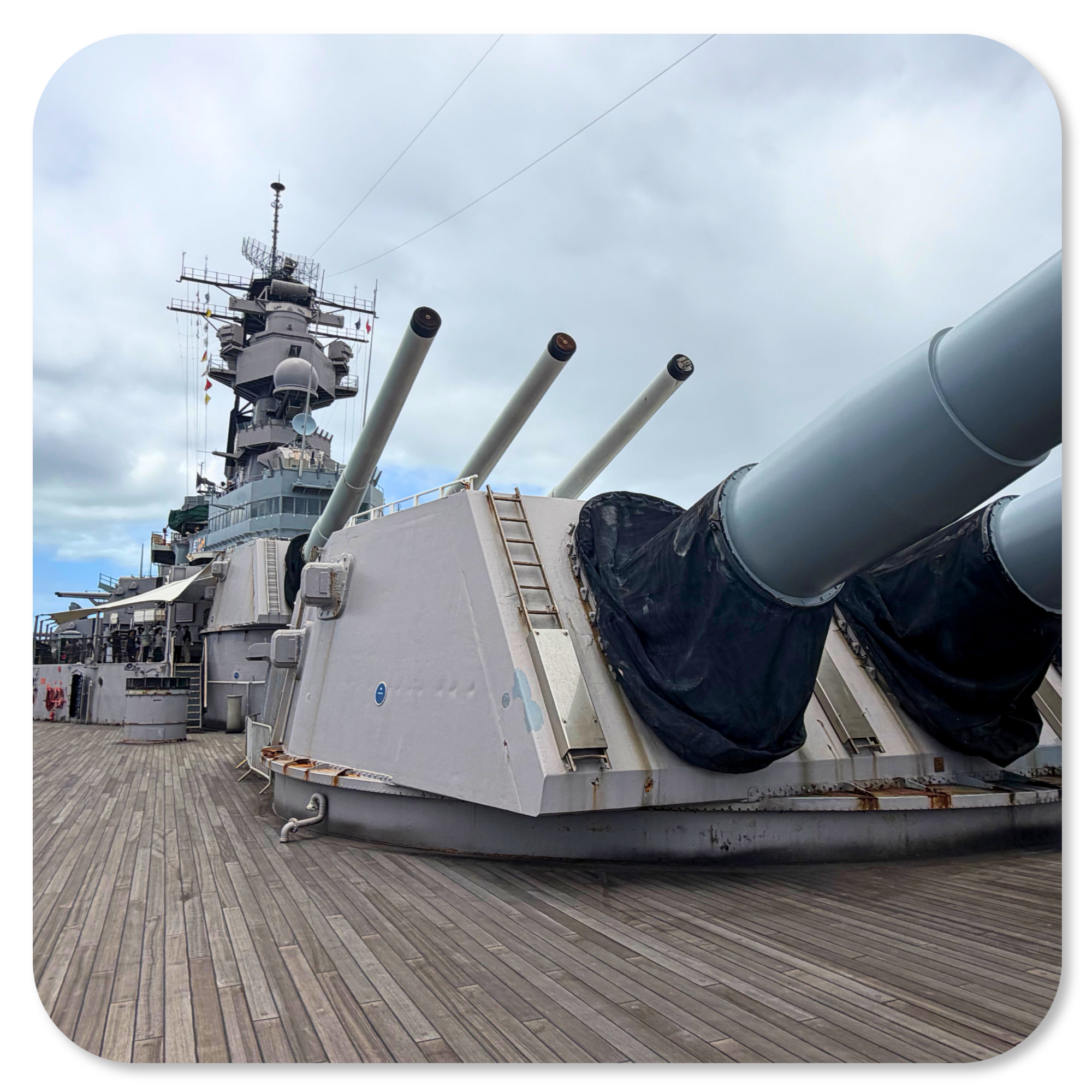 USS Missouri's 16-inch gun turret on deck, Pearl Harbor