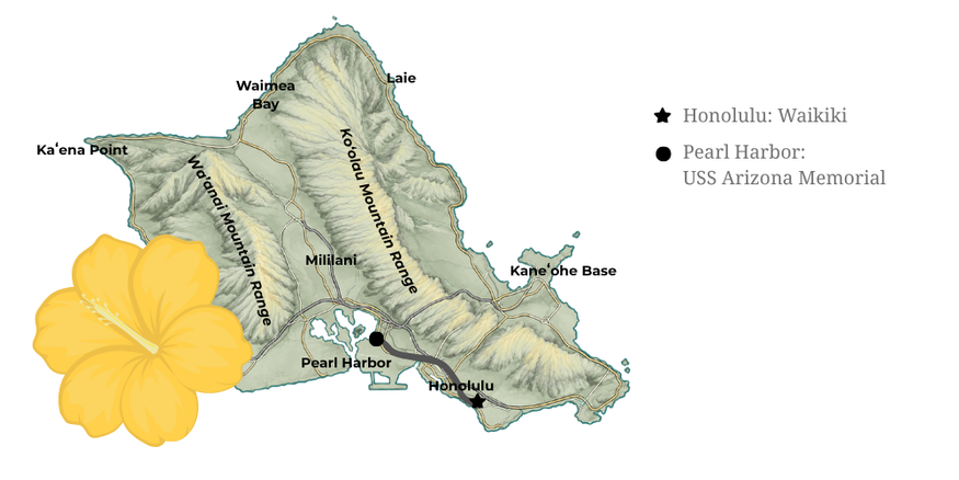 Map of Oahu, Hawaii, showing Honolulu, Pearl Harbor, and Kaneohe Base, with icons for Waikiki and Pearl Harbor, and a large yellow hibiscus flower in the lower left corner.