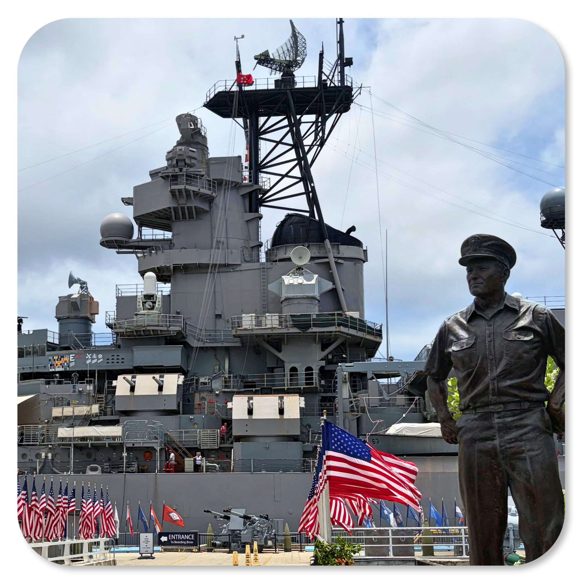 USS Missouri superstructure with sailor statue, Pearl Harbor, Oahu