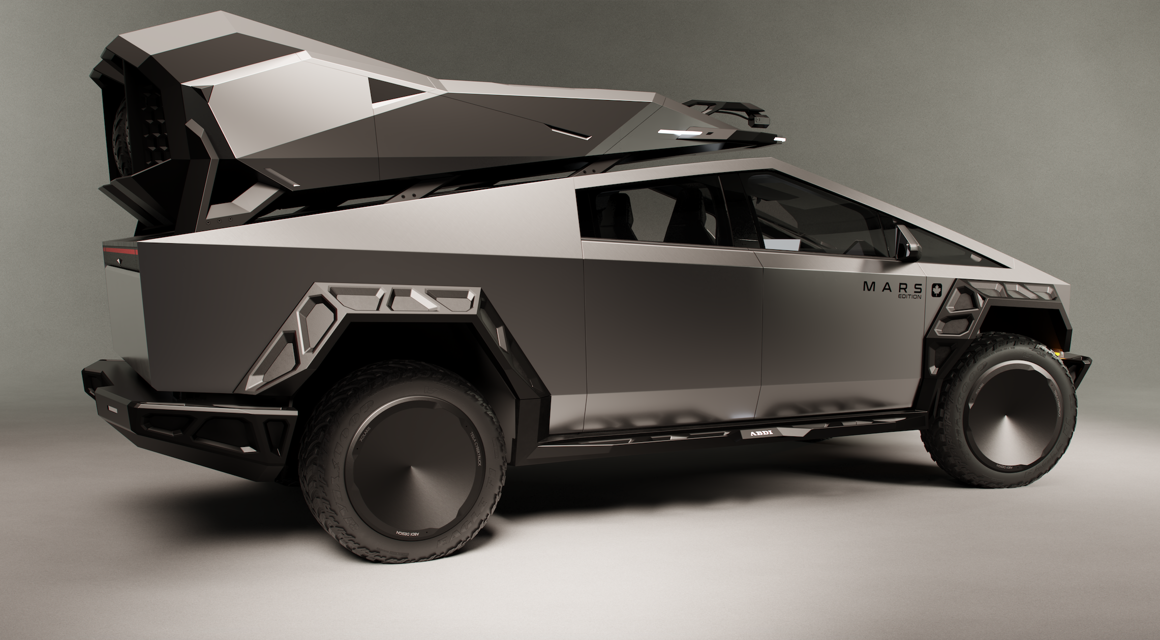 Futuristic, matte gray off-road vehicle with large wheels, angular design, and a mounted roof cargo carrier, labeled 'Mars Edition'.
